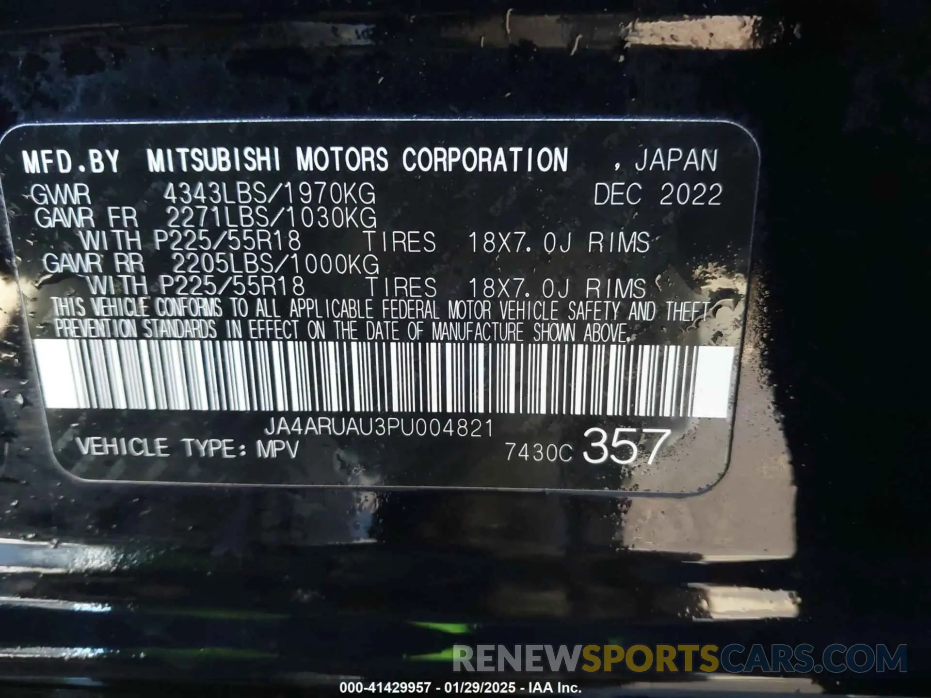 9 Photograph of a damaged car JA4ARUAU3PU004821 MITSUBISHI OUTLANDER SPORT 2023
