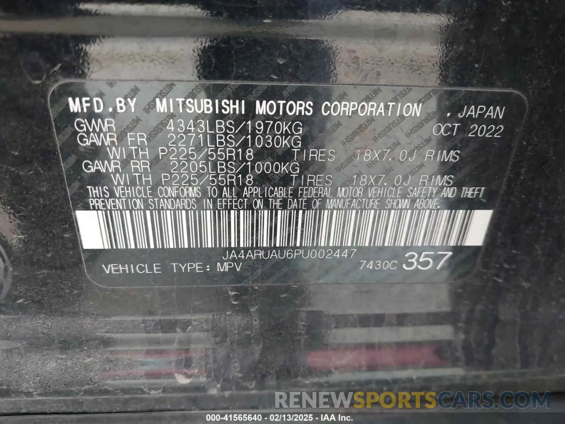 9 Photograph of a damaged car JA4ARUAU6PU002447 MITSUBISHI OUTLANDER SPORT 2023