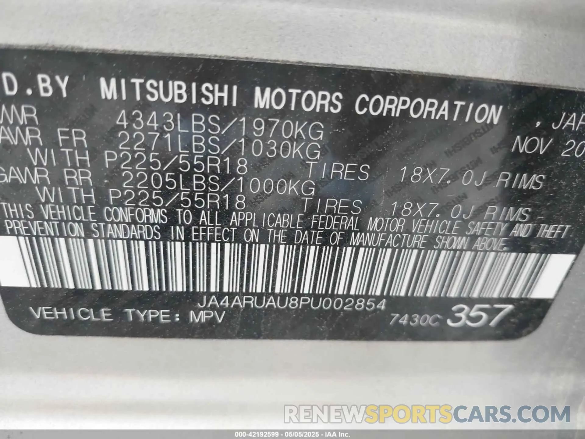 9 Фотография поврежденного автомобиля JA4ARUAU8PU002854 MITSUBISHI OUTLANDER SPORT 2023