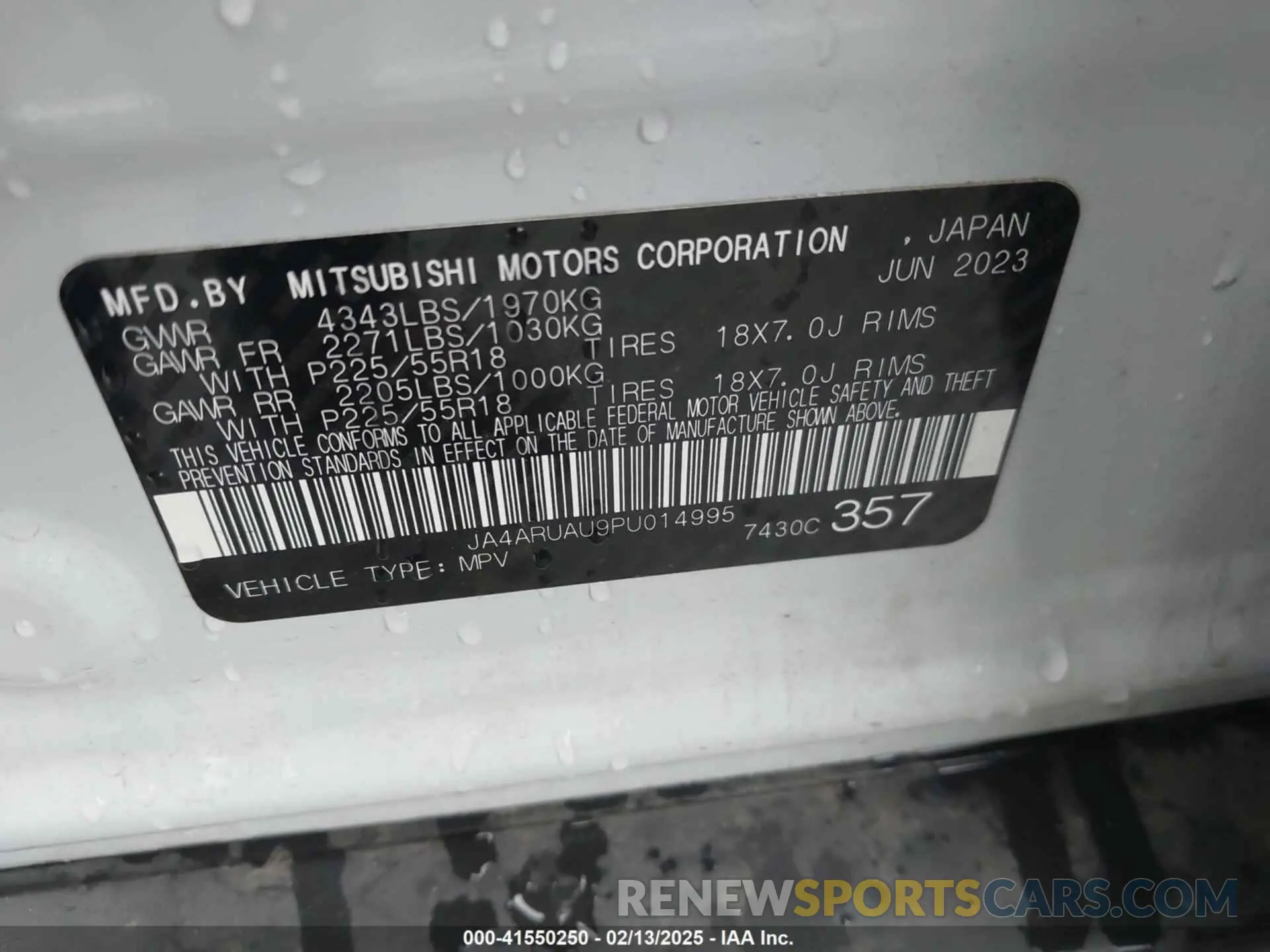 9 Photograph of a damaged car JA4ARUAU9PU014995 MITSUBISHI OUTLANDER SPORT 2023