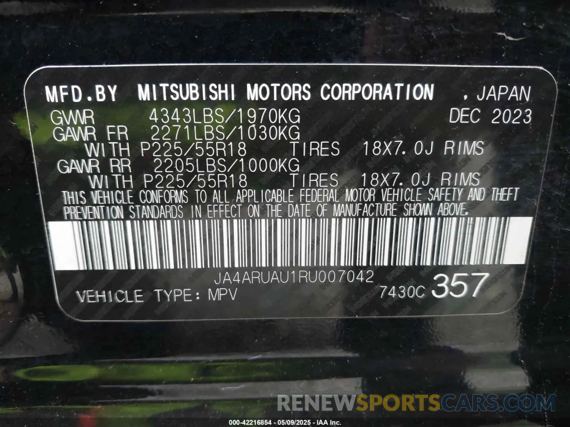 9 Photograph of a damaged car JA4ARUAU1RU007042 MITSUBISHI OUTLANDER SPORT 2024
