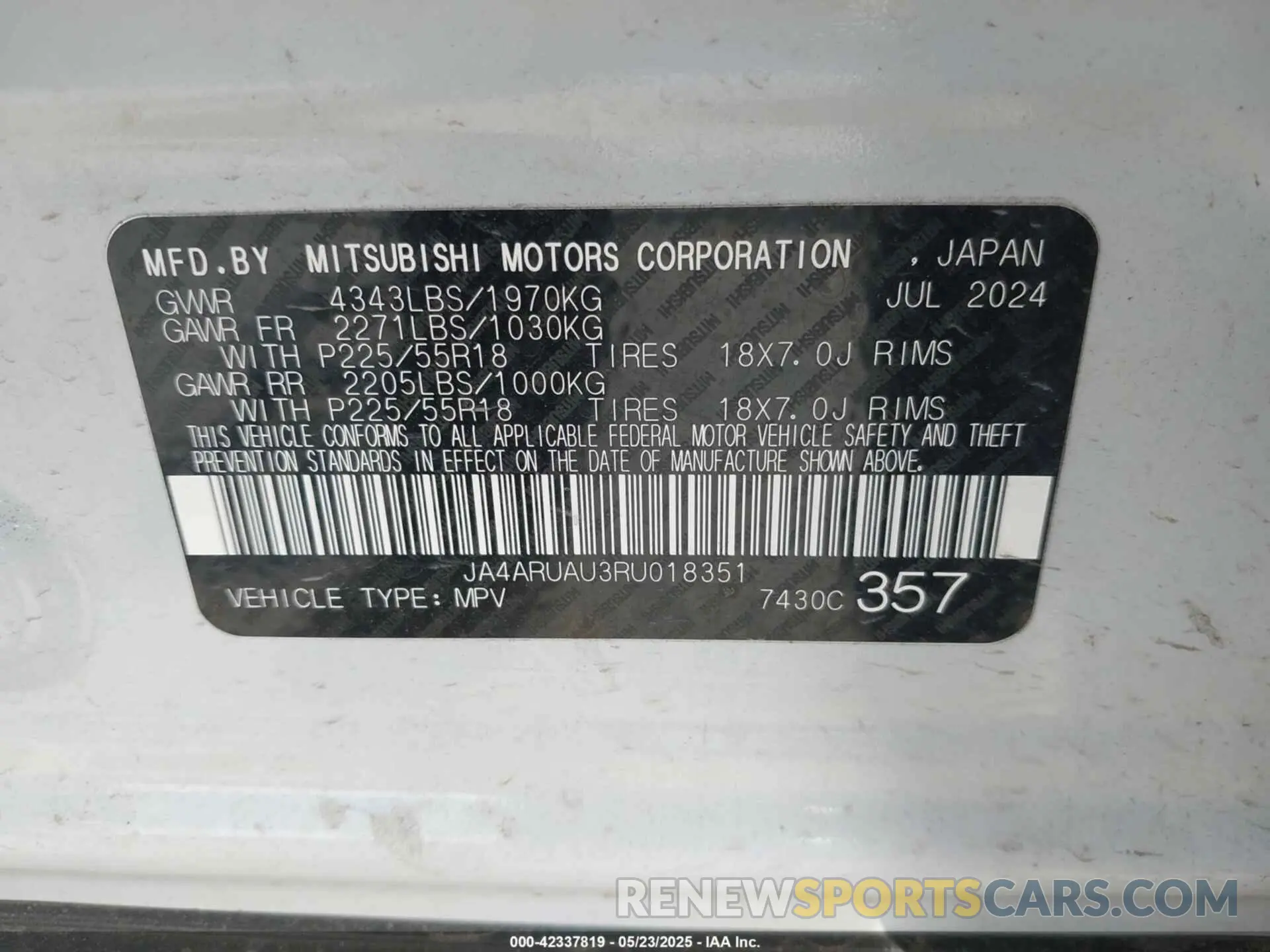 9 Photograph of a damaged car JA4ARUAU3RU018351 MITSUBISHI OUTLANDER SPORT 2024