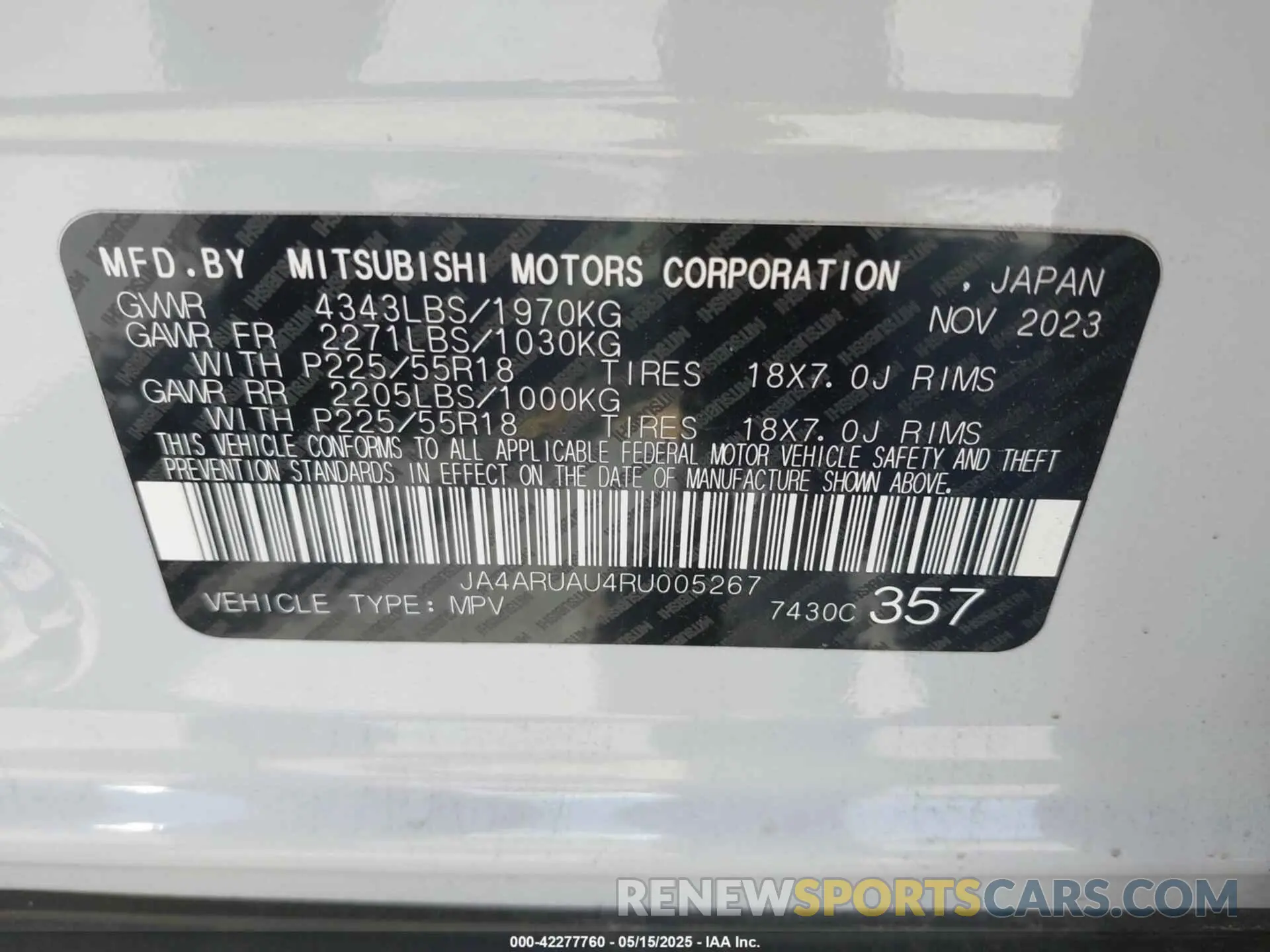 9 Фотография поврежденного автомобиля JA4ARUAU4RU005267 MITSUBISHI OUTLANDER SPORT 2024