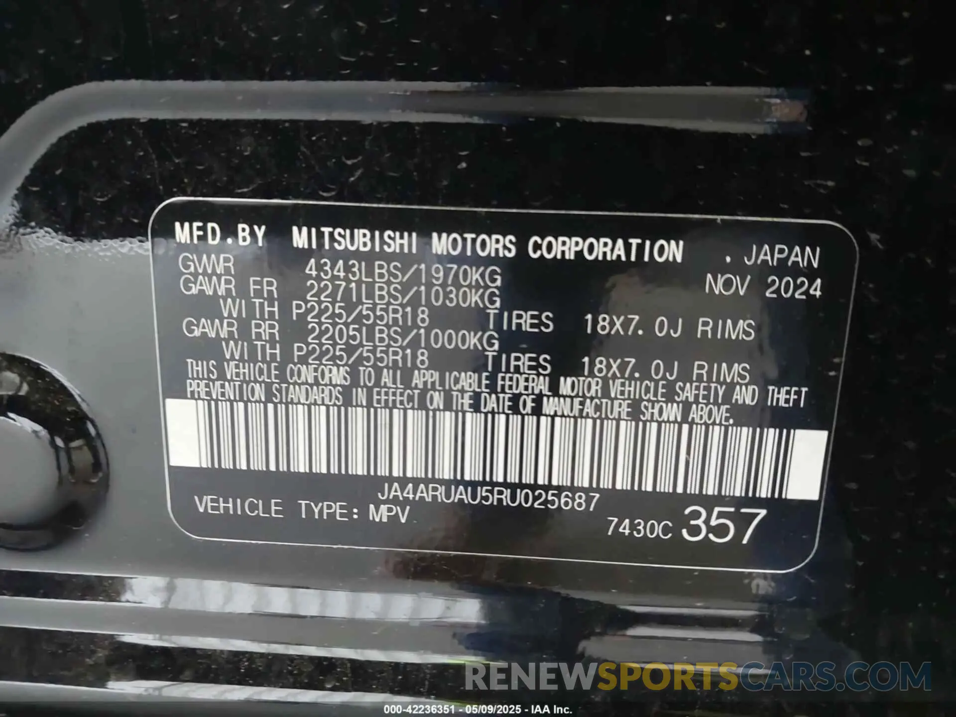 9 Photograph of a damaged car JA4ARUAU5RU025687 MITSUBISHI OUTLANDER SPORT 2024