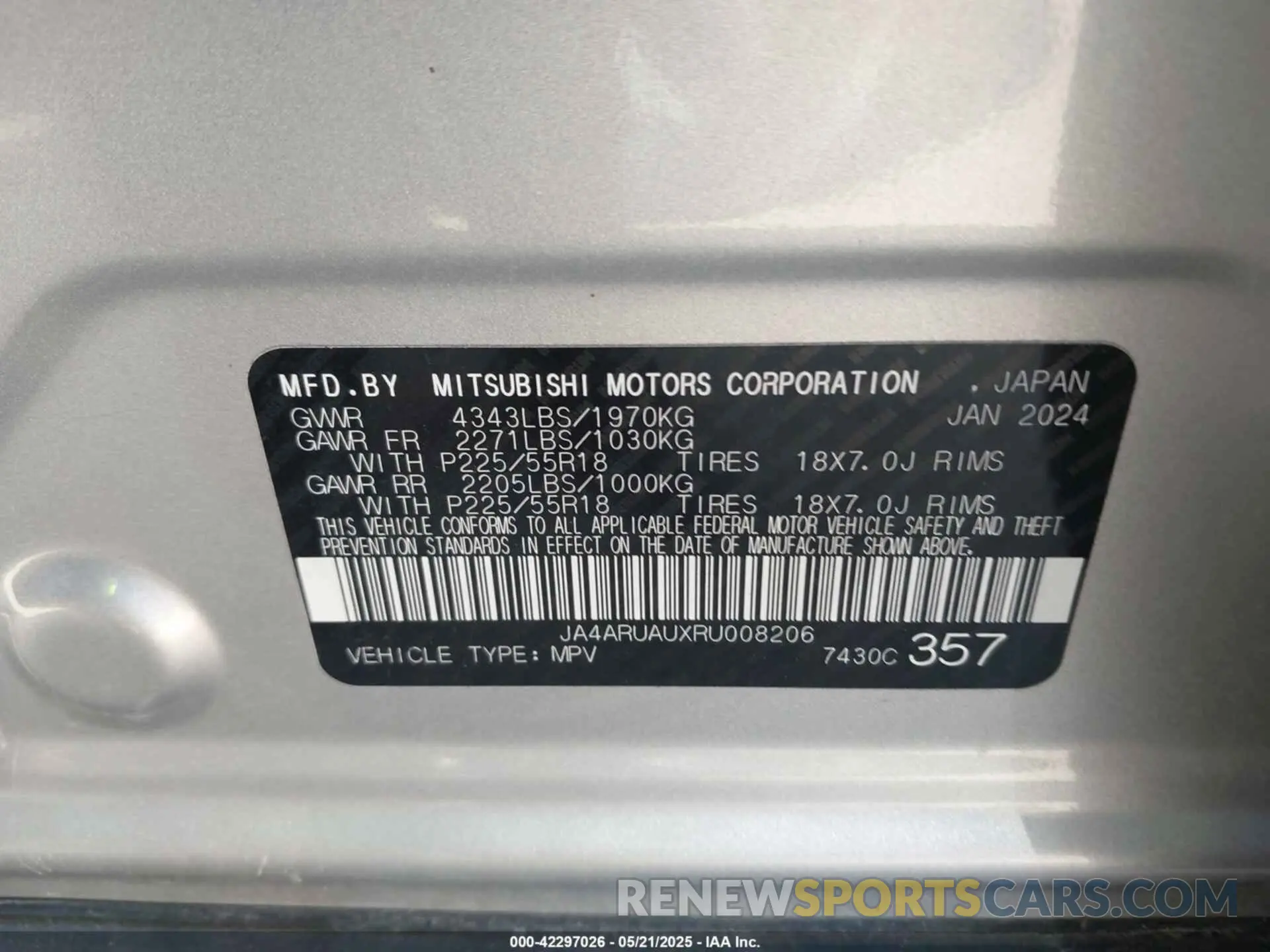 9 Фотография поврежденного автомобиля JA4ARUAUXRU008206 MITSUBISHI OUTLANDER SPORT 2024