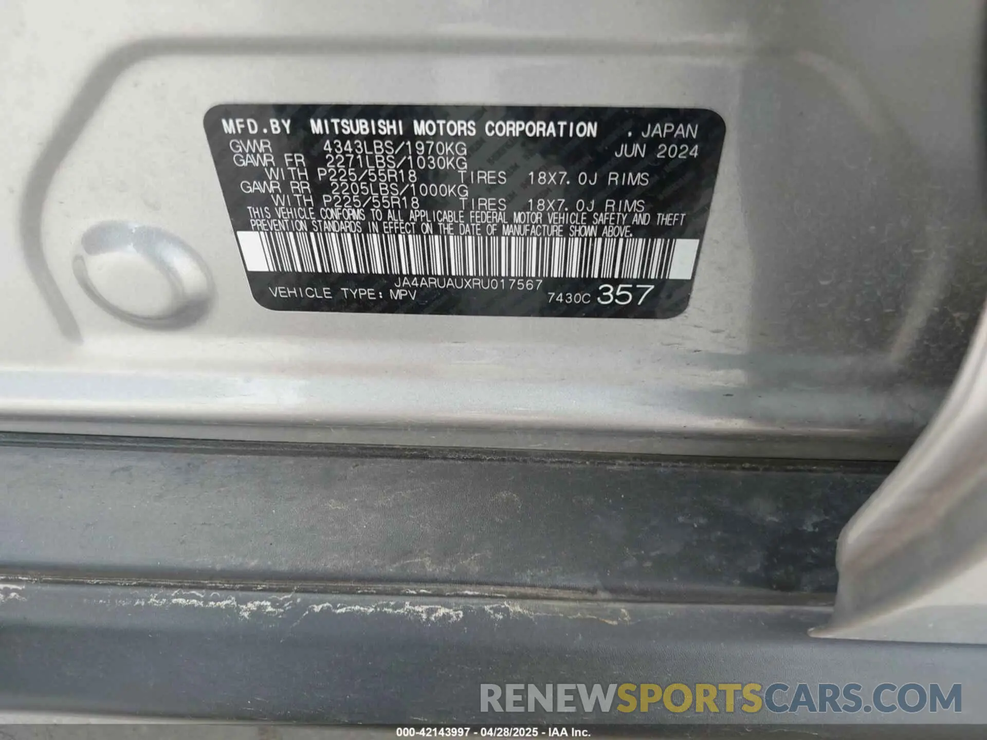 9 Photograph of a damaged car JA4ARUAUXRU017567 MITSUBISHI OUTLANDER SPORT 2024