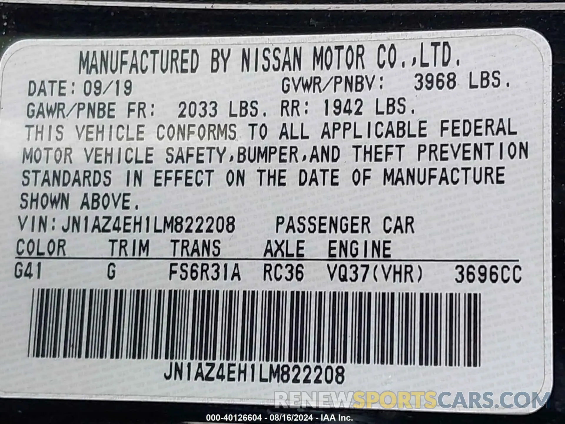 9 Photograph of a damaged car JN1AZ4EH1LM822208 NISSAN 370Z 2020