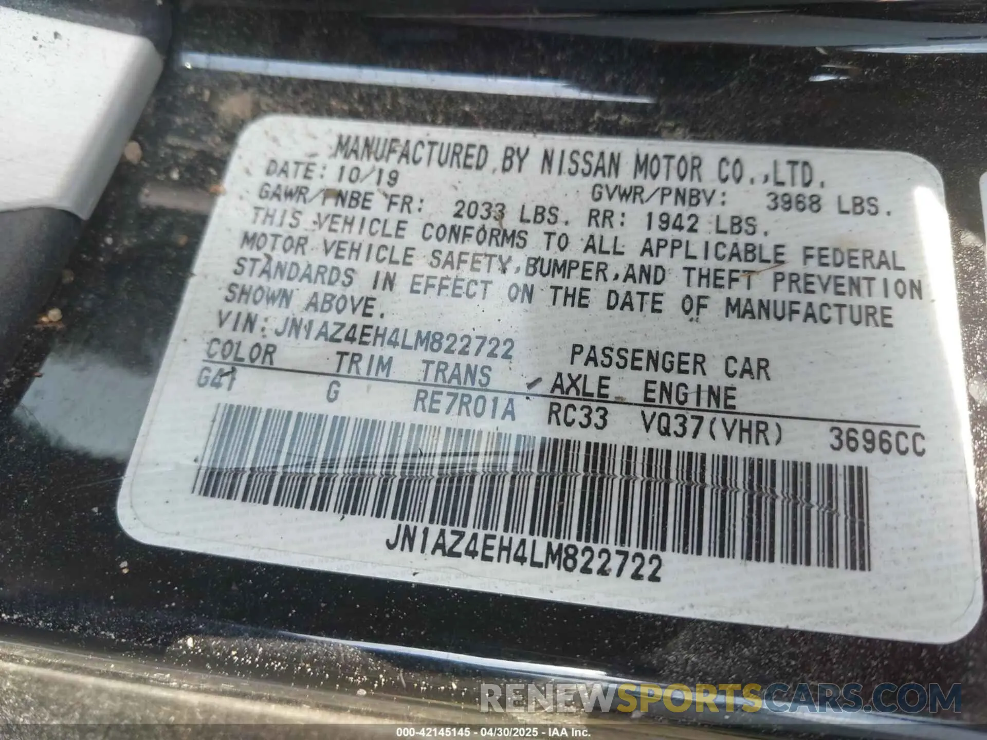 9 Фотография поврежденного автомобиля JN1AZ4EH4LM822722 NISSAN 370Z 2020