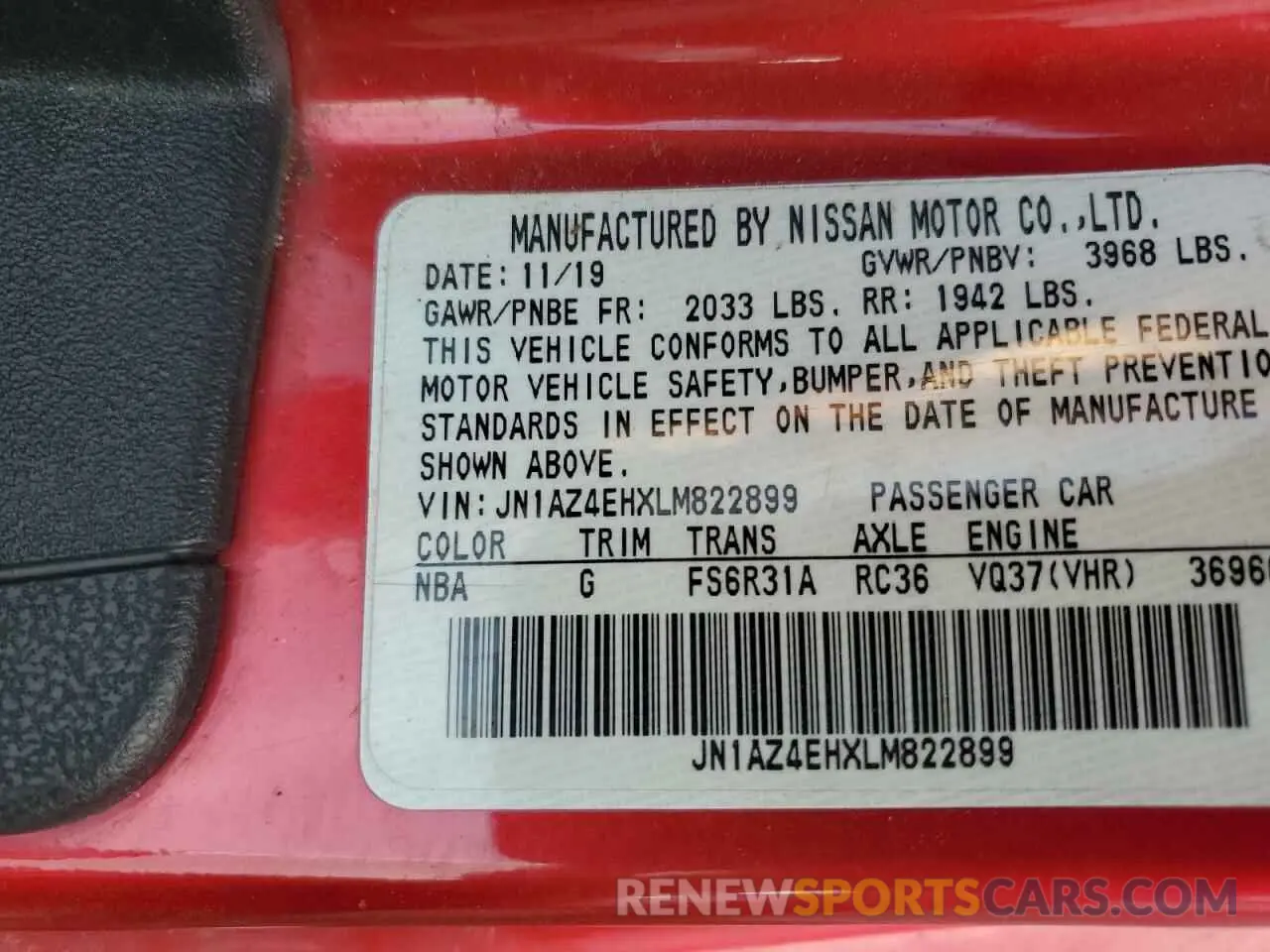 14 Photograph of a damaged car JN1AZ4EHXLM822899 NISSAN 370Z 2020