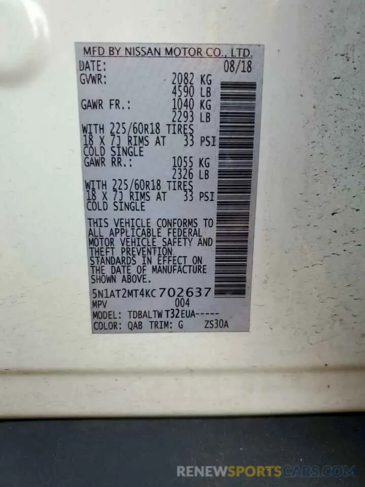 16 Photograph of a damaged car 5N1AT2MT4KC702637 NISSAN All Models 2019