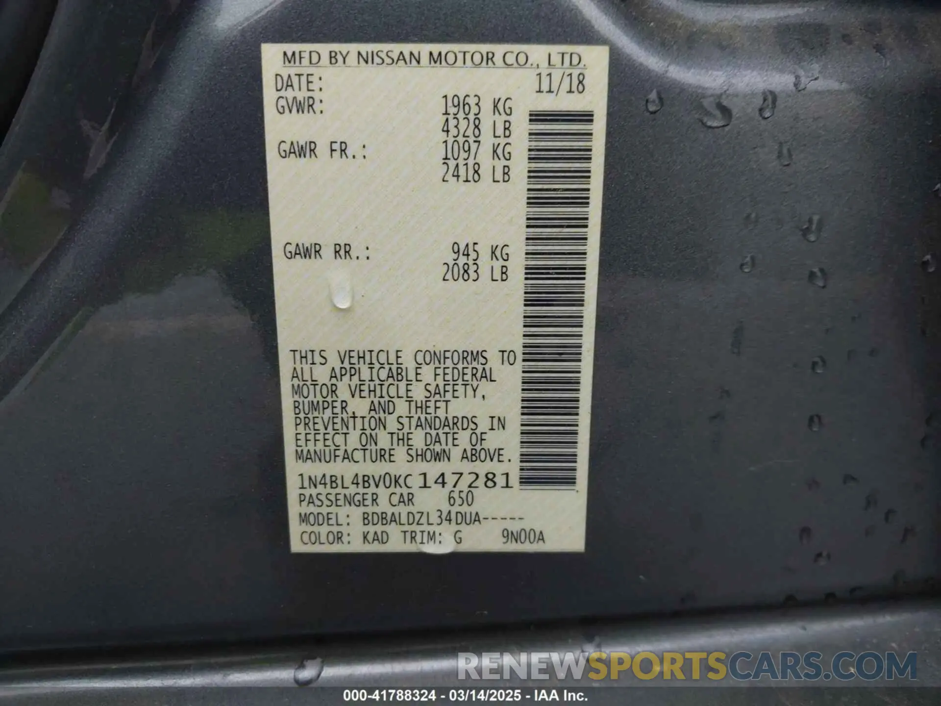 9 Фотография поврежденного автомобиля 1N4BL4BV0KC147281 NISSAN ALTIMA 2019