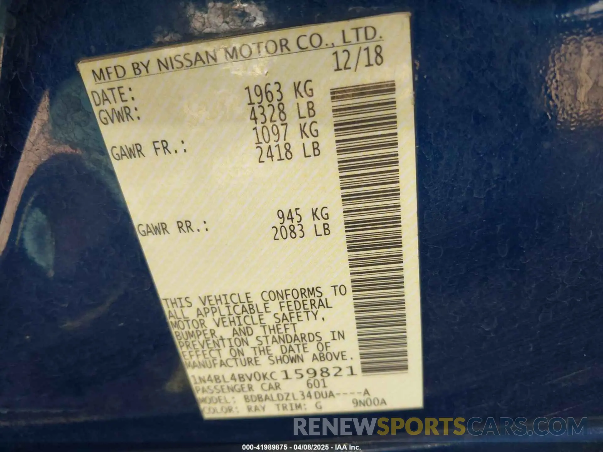 9 Photograph of a damaged car 1N4BL4BV0KC159821 NISSAN ALTIMA 2019