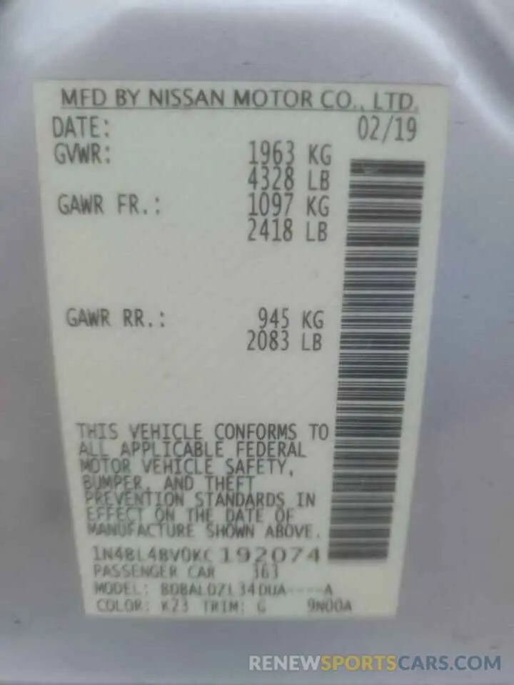 12 Фотография поврежденного автомобиля 1N4BL4BV0KC192074 NISSAN ALTIMA 2019
