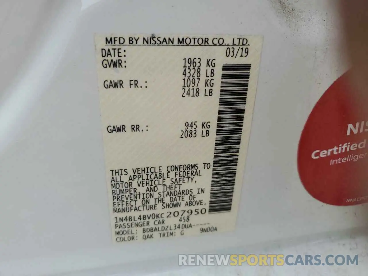 13 Photograph of a damaged car 1N4BL4BV0KC207950 NISSAN ALTIMA 2019