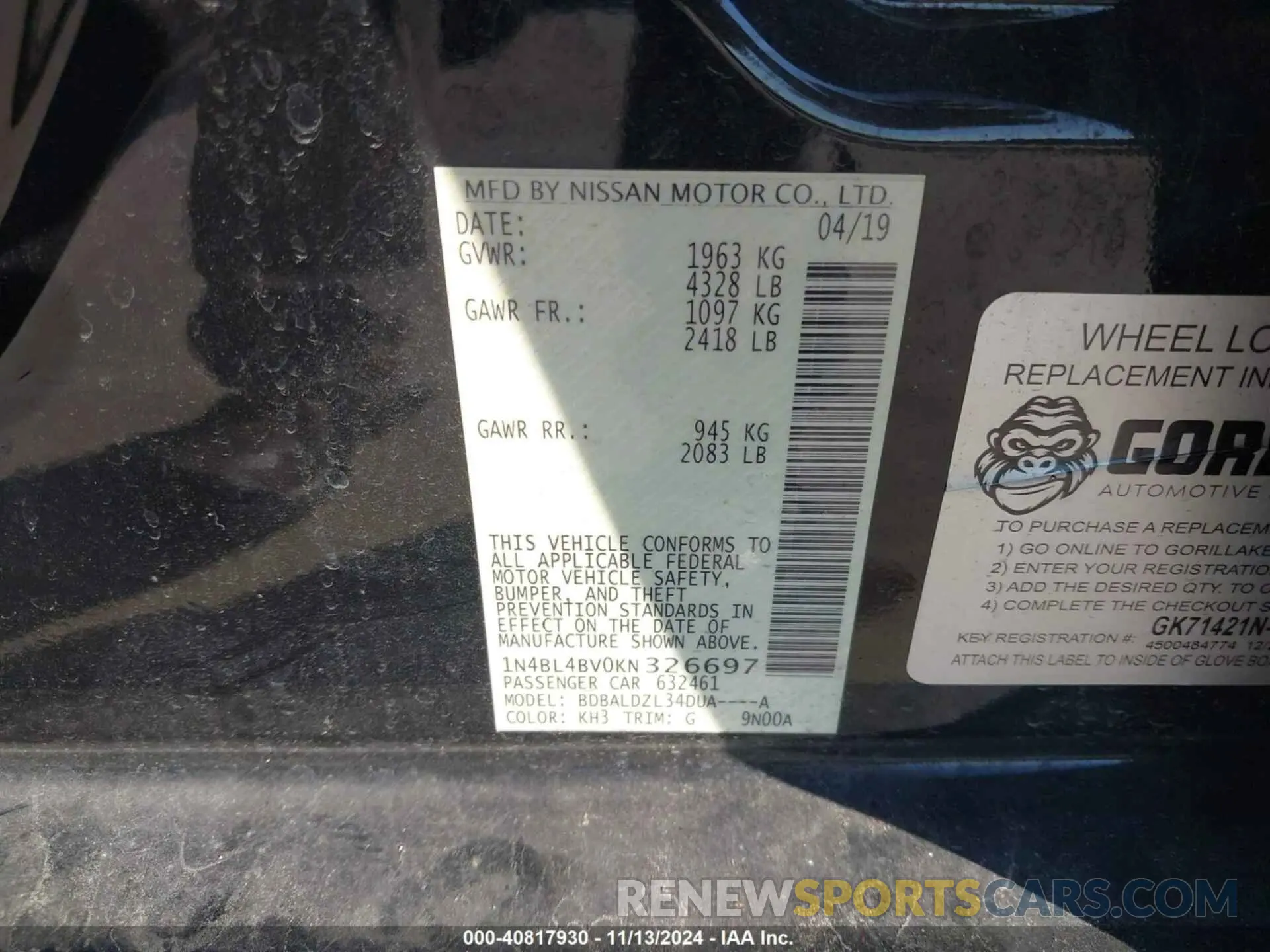 9 Photograph of a damaged car 1N4BL4BV0KN326697 NISSAN ALTIMA 2019