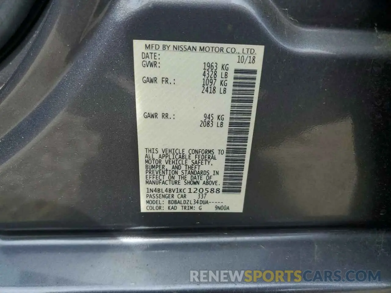 13 Photograph of a damaged car 1N4BL4BV1KC120588 NISSAN ALTIMA 2019