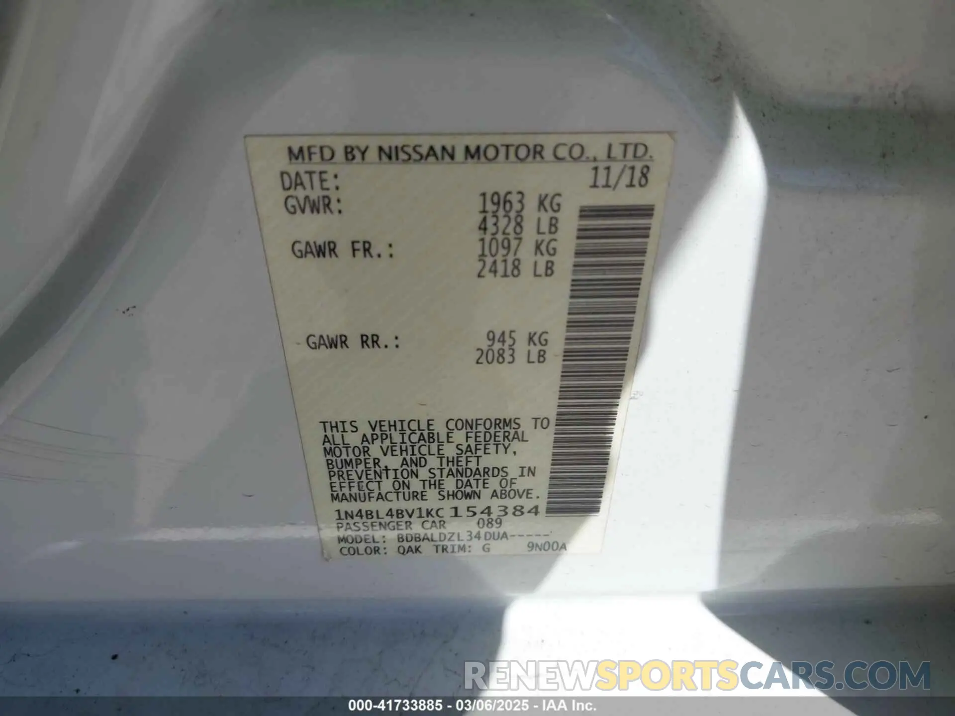 9 Photograph of a damaged car 1N4BL4BV1KC154384 NISSAN ALTIMA 2019