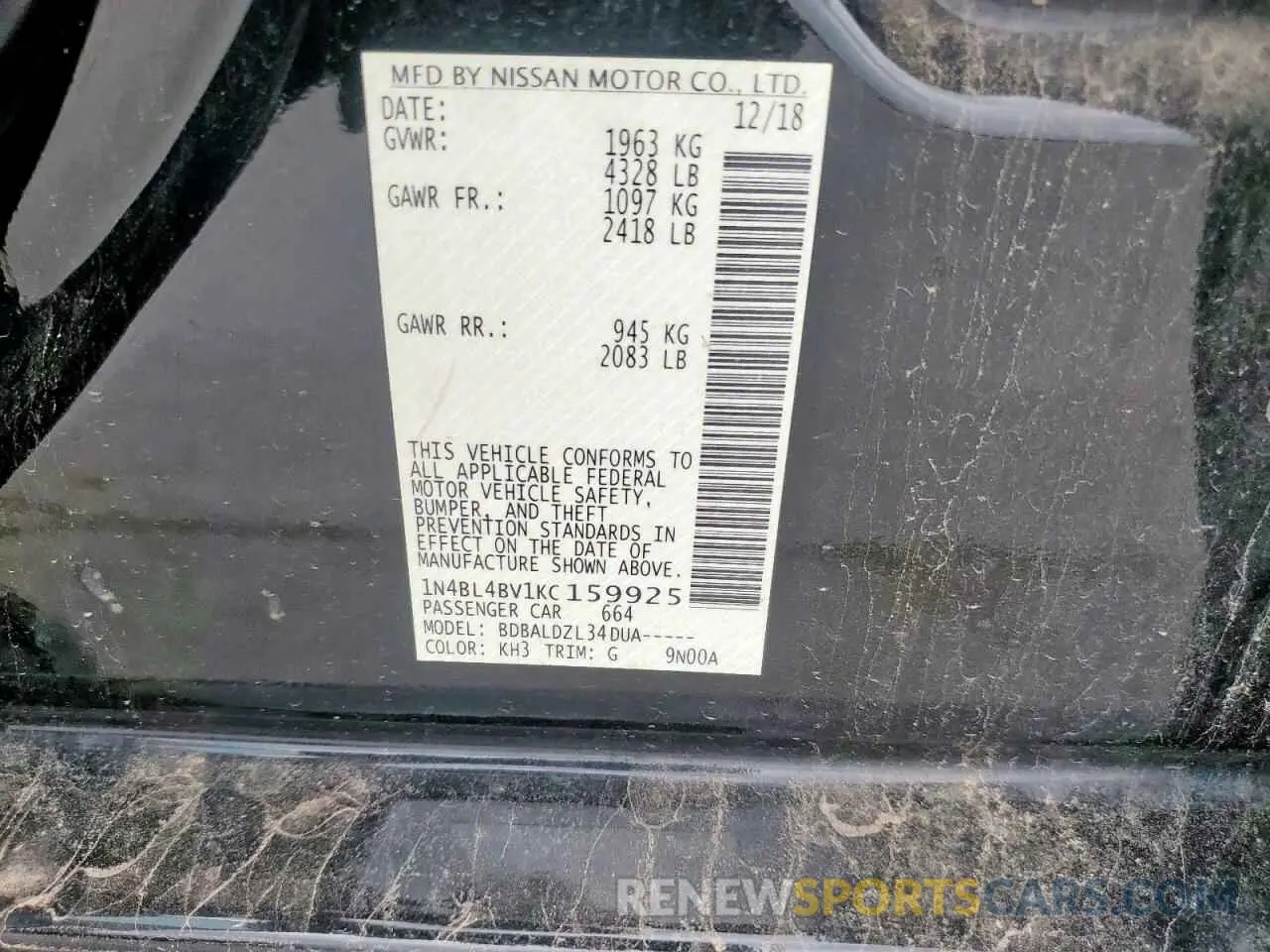 12 Photograph of a damaged car 1N4BL4BV1KC159925 NISSAN ALTIMA 2019