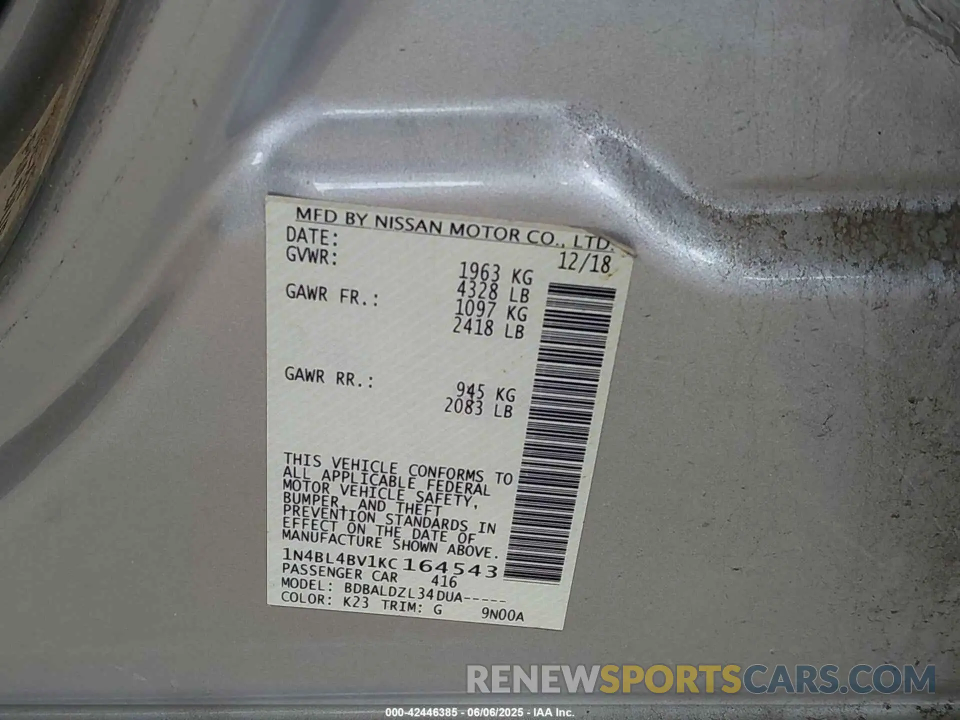 9 Photograph of a damaged car 1N4BL4BV1KC164543 NISSAN ALTIMA 2019