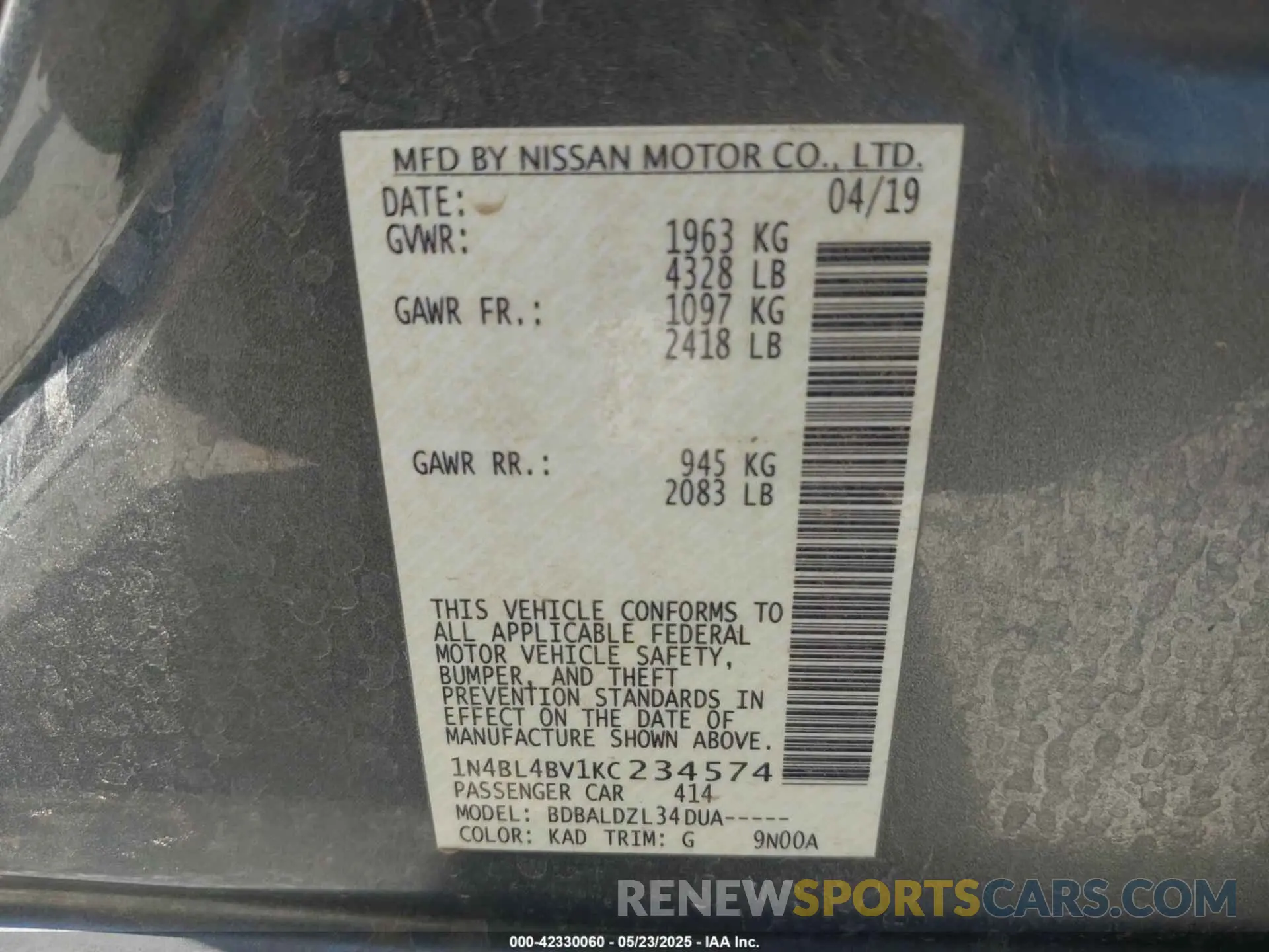 9 Photograph of a damaged car 1N4BL4BV1KC234574 NISSAN ALTIMA 2019