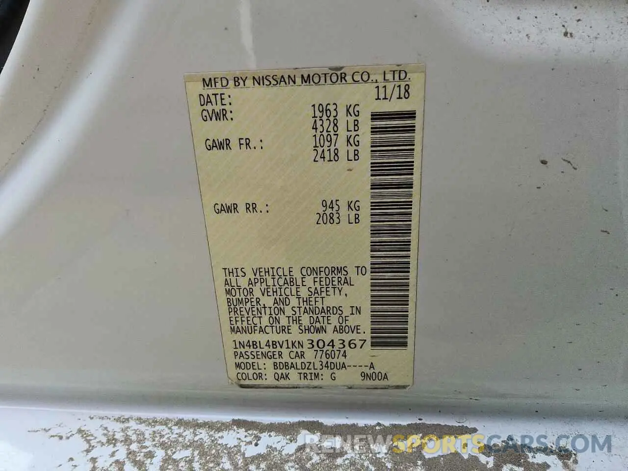 12 Фотография поврежденного автомобиля 1N4BL4BV1KN304367 NISSAN ALTIMA 2019