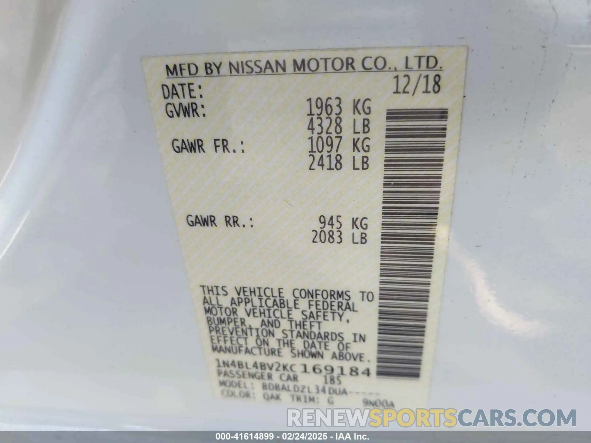 9 Фотография поврежденного автомобиля 1N4BL4BV2KC169184 NISSAN ALTIMA 2019