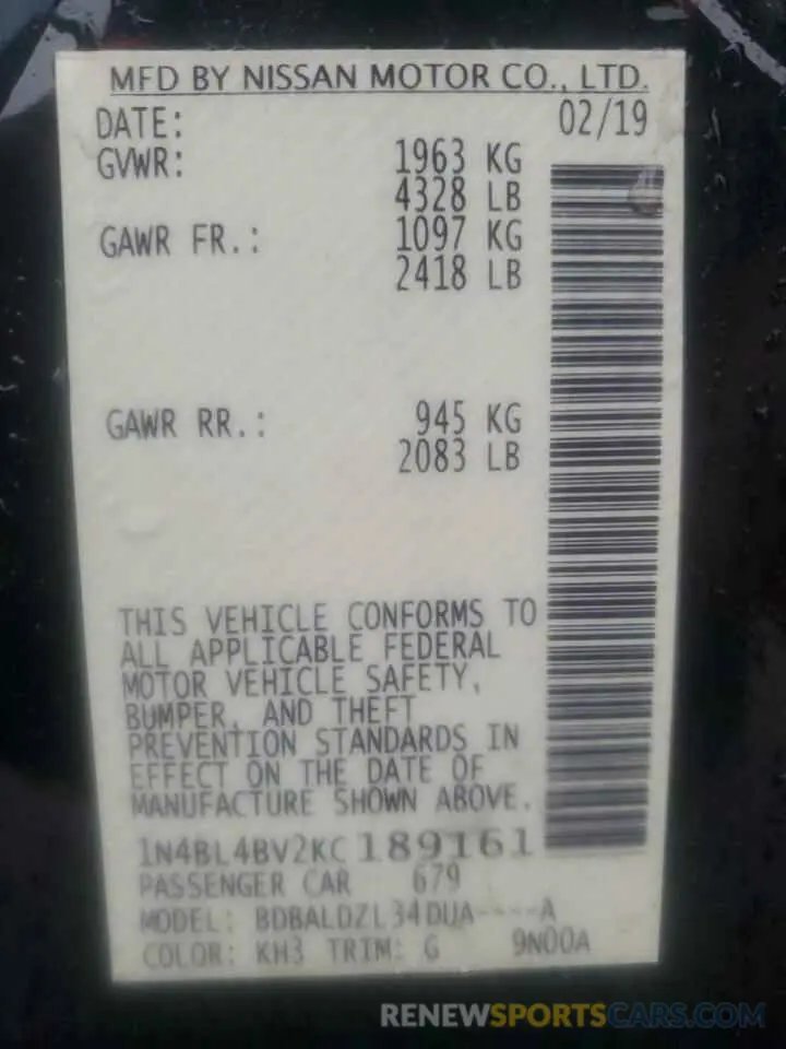 12 Photograph of a damaged car 1N4BL4BV2KC189161 NISSAN ALTIMA 2019