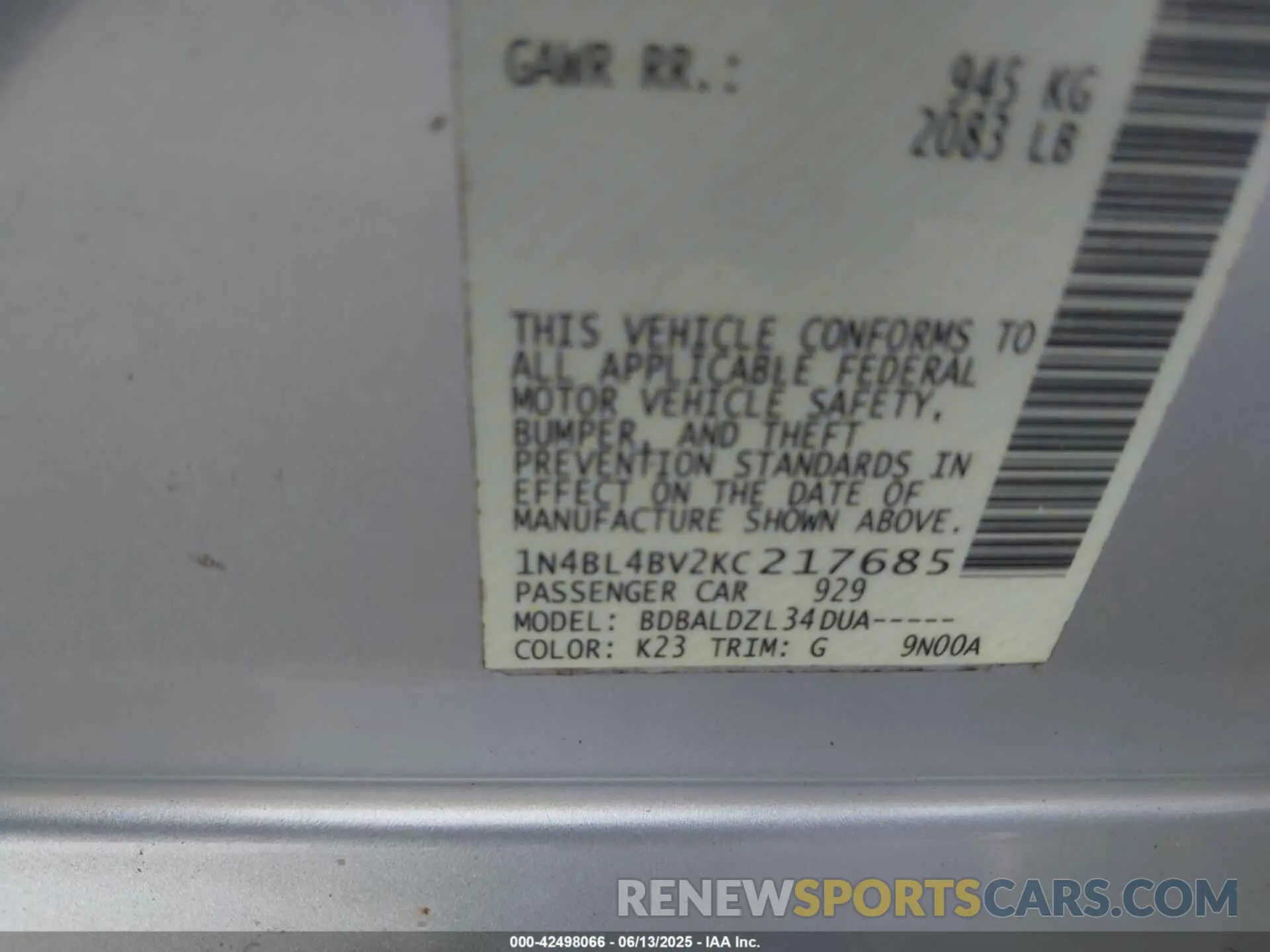 9 Photograph of a damaged car 1N4BL4BV2KC217685 NISSAN ALTIMA 2019