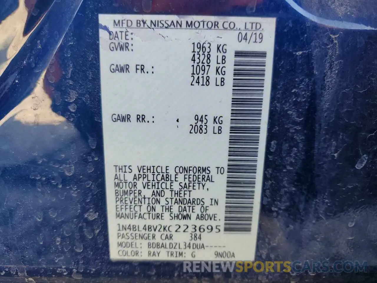 14 Фотография поврежденного автомобиля 1N4BL4BV2KC223695 NISSAN ALTIMA 2019
