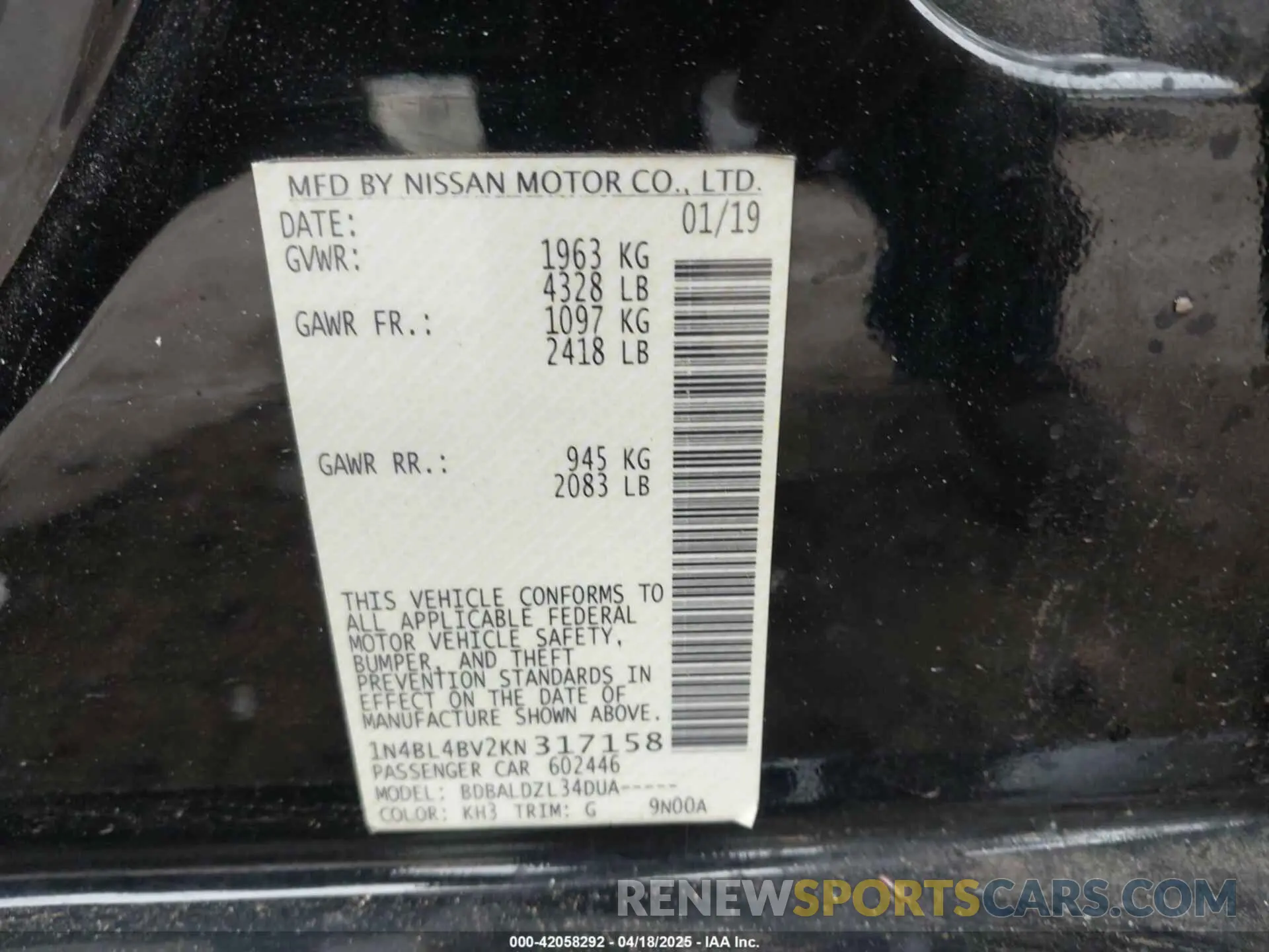 9 Photograph of a damaged car 1N4BL4BV2KN317158 NISSAN ALTIMA 2019