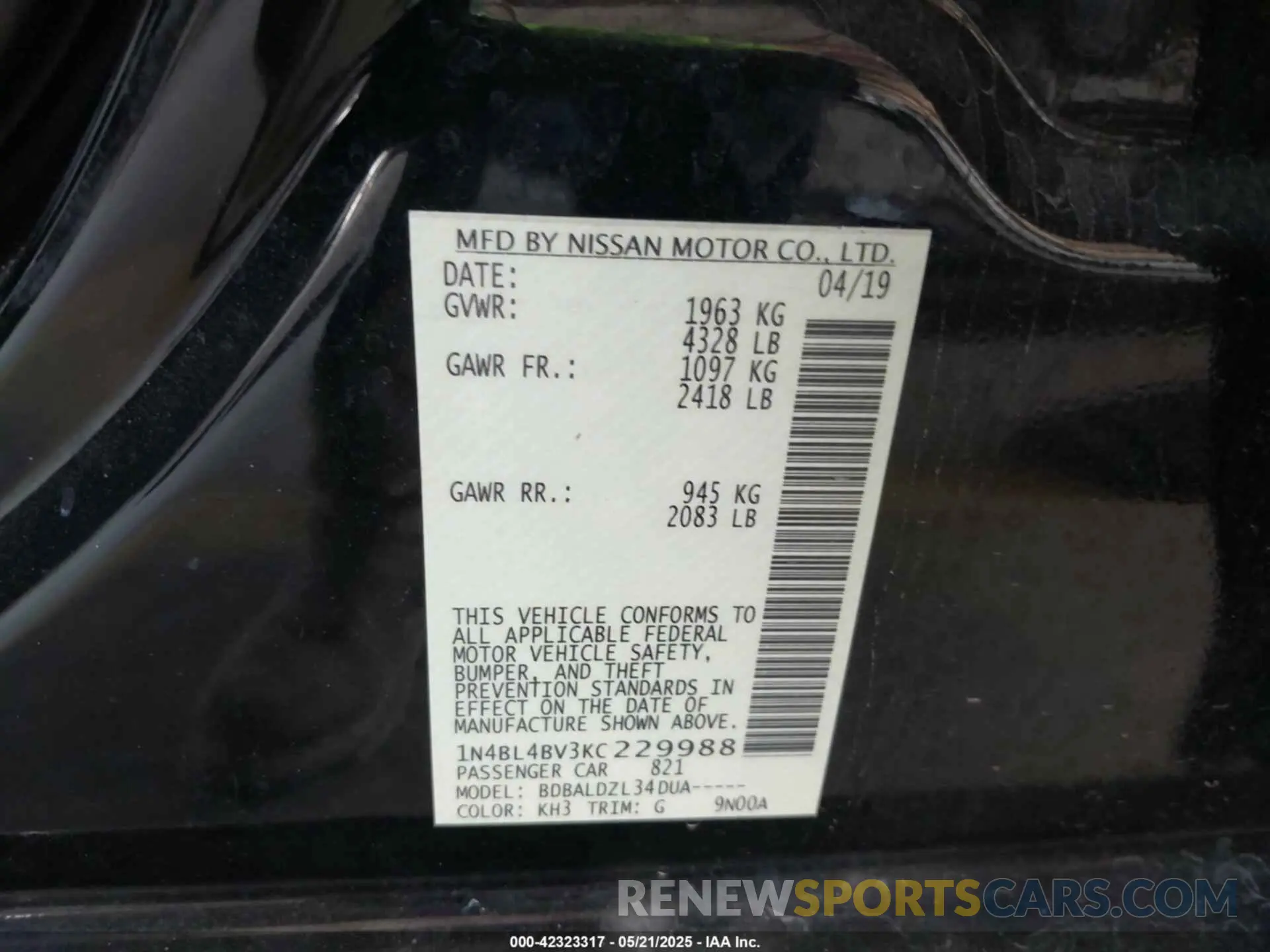 9 Фотография поврежденного автомобиля 1N4BL4BV3KC229988 NISSAN ALTIMA 2019