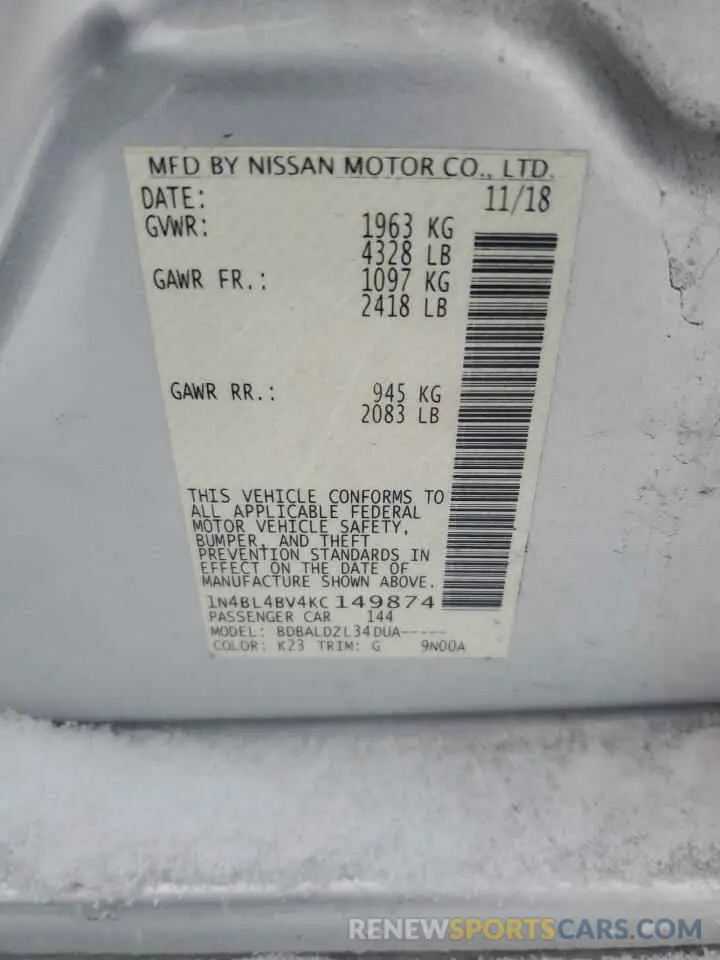 12 Photograph of a damaged car 1N4BL4BV4KC149874 NISSAN ALTIMA 2019