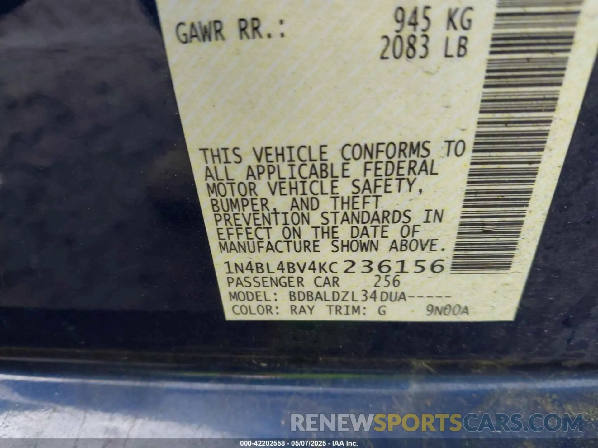 9 Photograph of a damaged car 1N4BL4BV4KC236156 NISSAN ALTIMA 2019