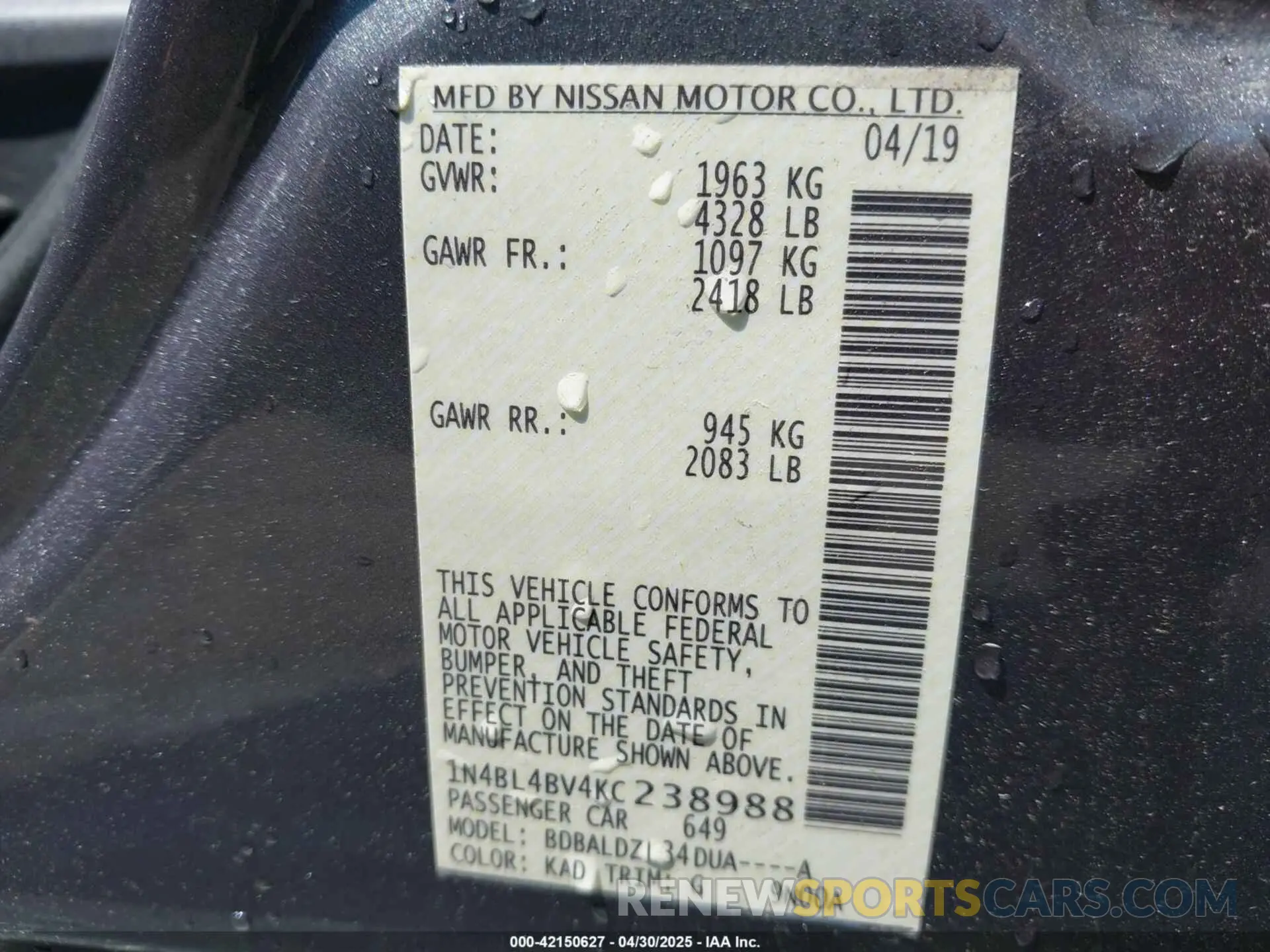 9 Фотография поврежденного автомобиля 1N4BL4BV4KC238988 NISSAN ALTIMA 2019