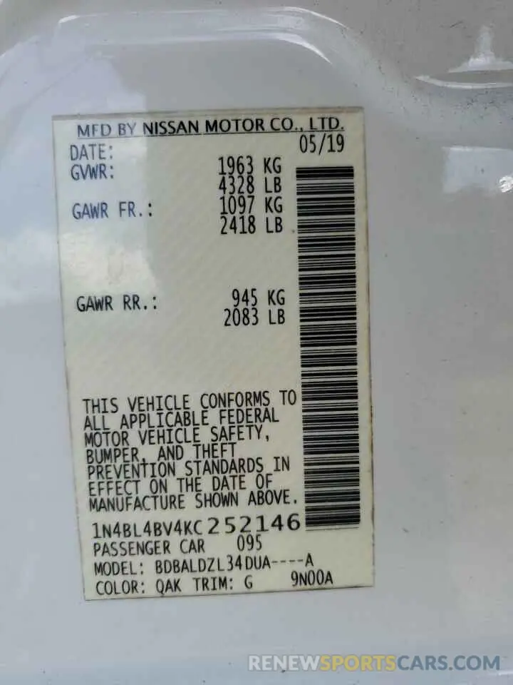 12 Photograph of a damaged car 1N4BL4BV4KC252146 NISSAN ALTIMA 2019