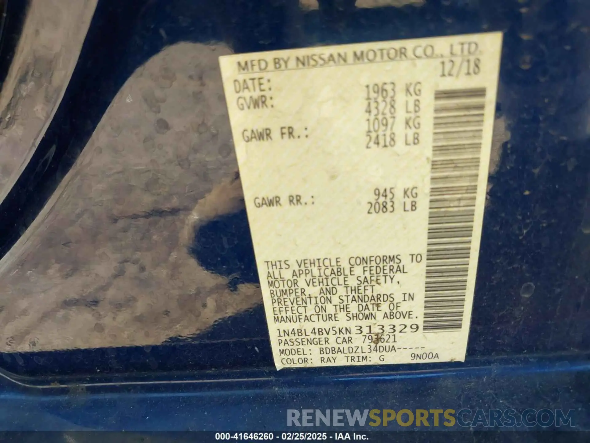 9 Фотография поврежденного автомобиля 1N4BL4BV5KN313329 NISSAN ALTIMA 2019