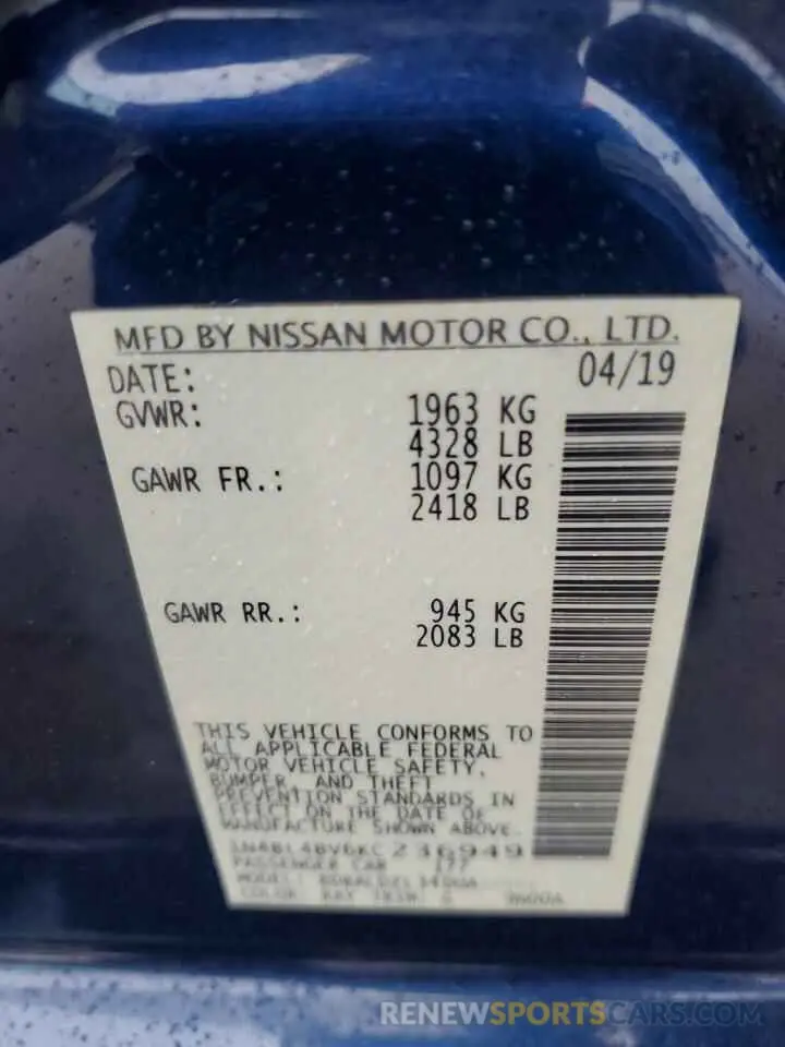 12 Photograph of a damaged car 1N4BL4BV6KC236949 NISSAN ALTIMA 2019