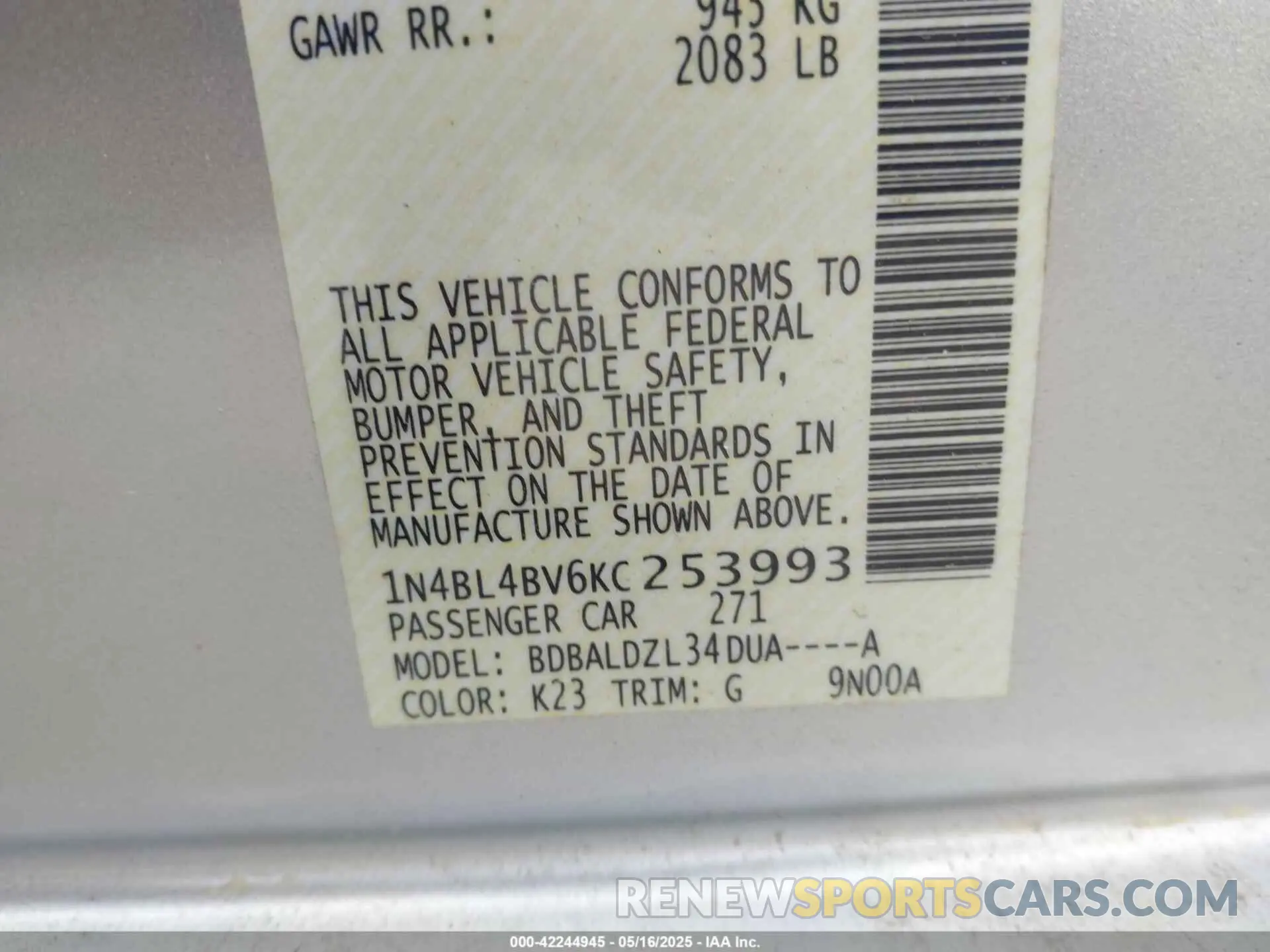 9 Photograph of a damaged car 1N4BL4BV6KC253993 NISSAN ALTIMA 2019