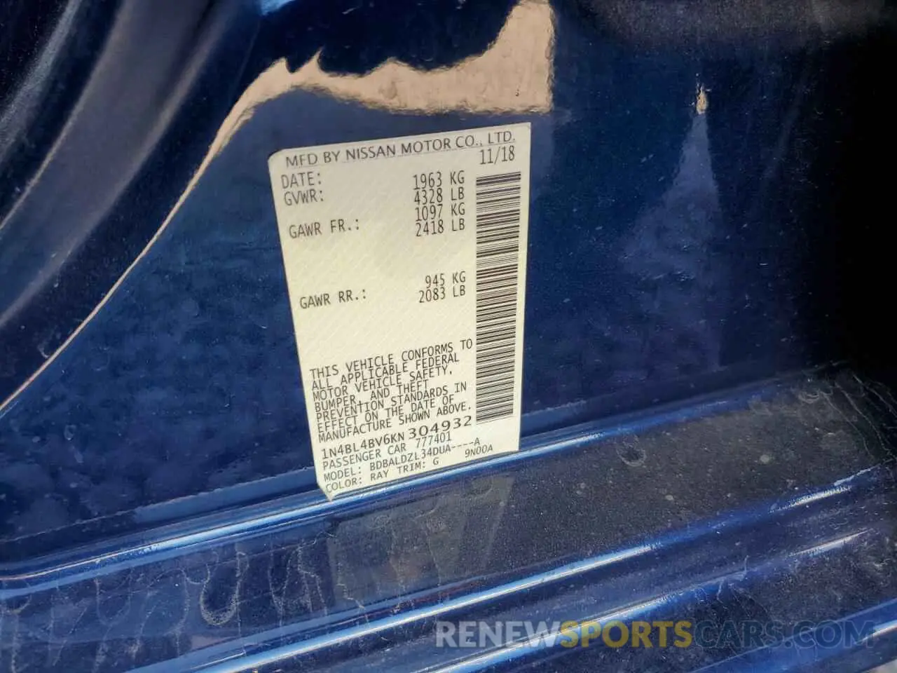 12 Photograph of a damaged car 1N4BL4BV6KN304932 NISSAN ALTIMA 2019
