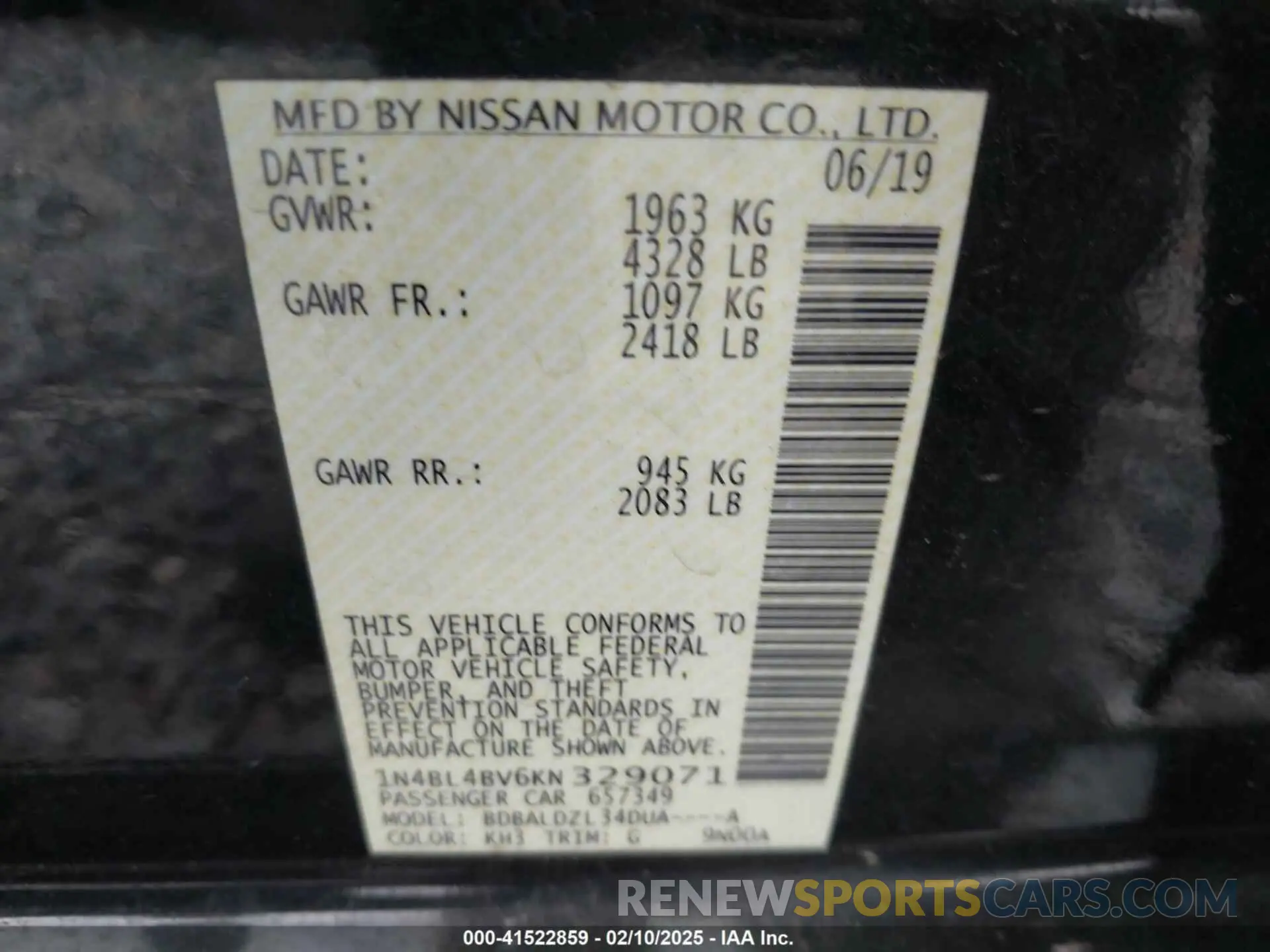 9 Фотография поврежденного автомобиля 1N4BL4BV6KN329071 NISSAN ALTIMA 2019