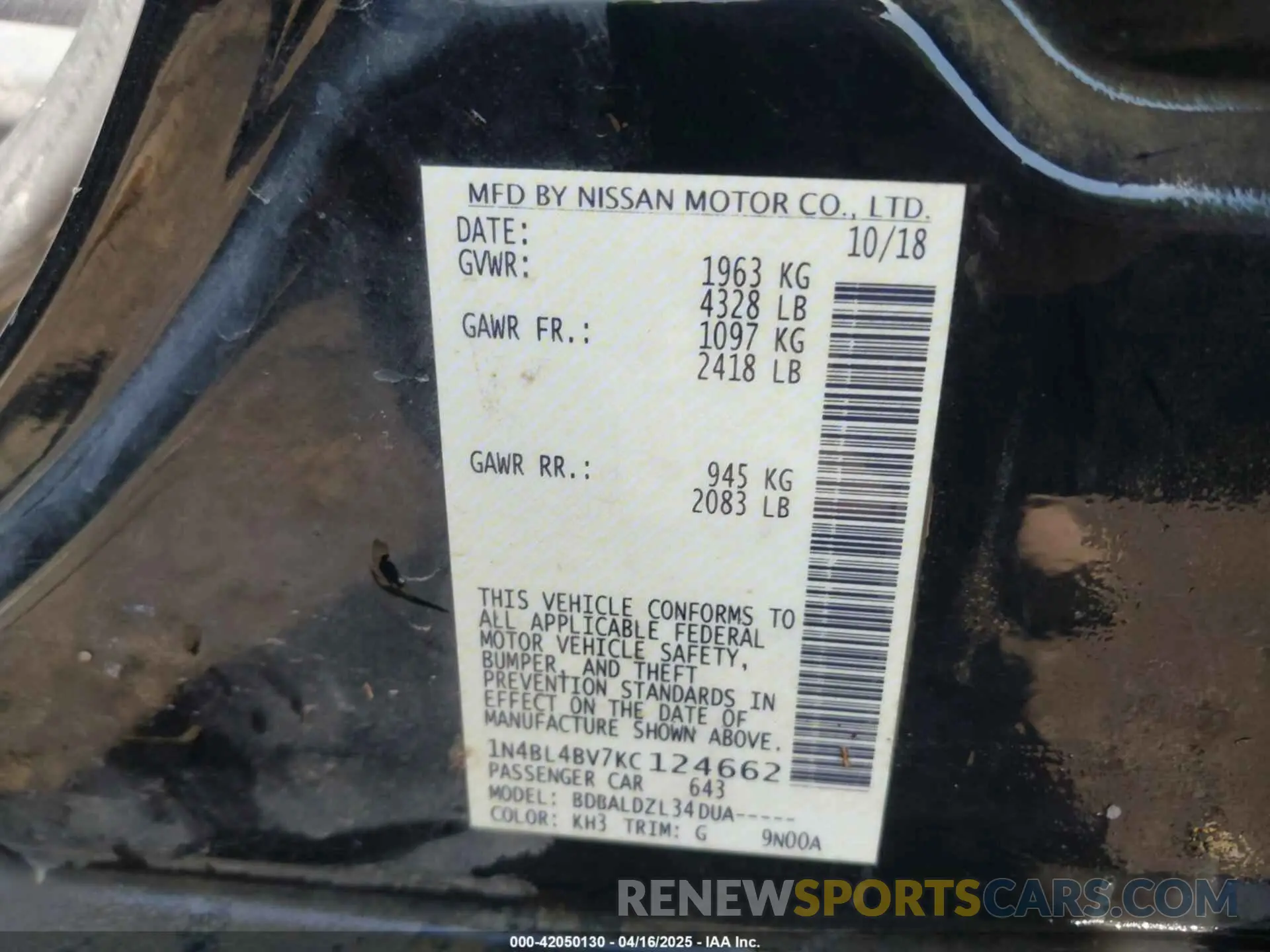 9 Photograph of a damaged car 1N4BL4BV7KC124662 NISSAN ALTIMA 2019