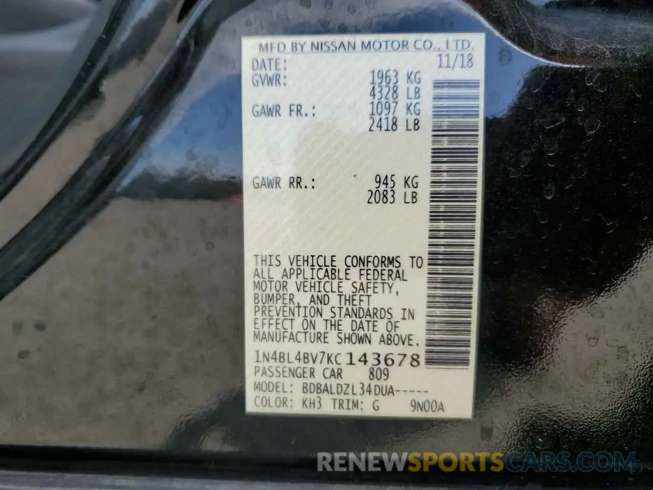 12 Photograph of a damaged car 1N4BL4BV7KC143678 NISSAN ALTIMA 2019