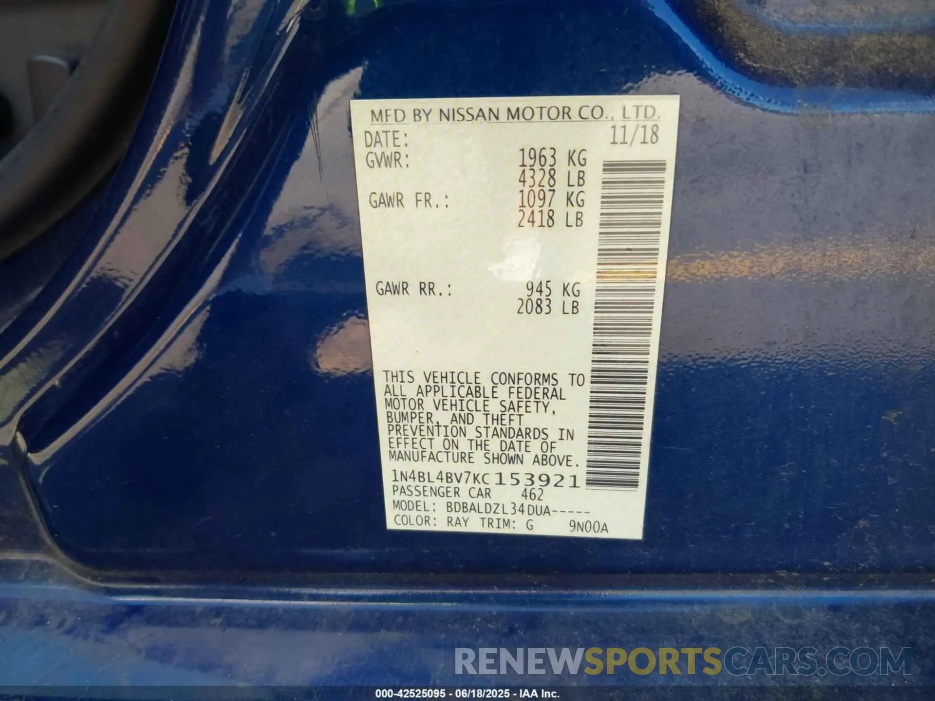 9 Photograph of a damaged car 1N4BL4BV7KC153921 NISSAN ALTIMA 2019