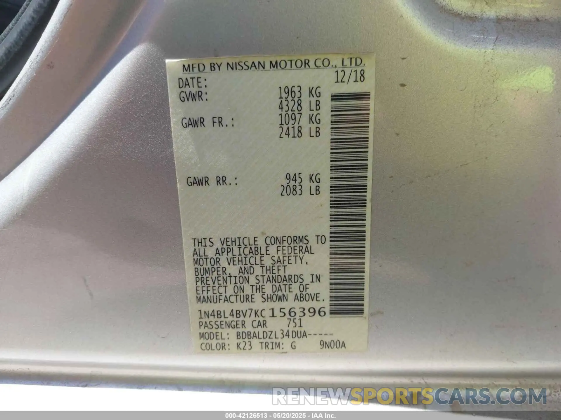 9 Фотография поврежденного автомобиля 1N4BL4BV7KC156396 NISSAN ALTIMA 2019