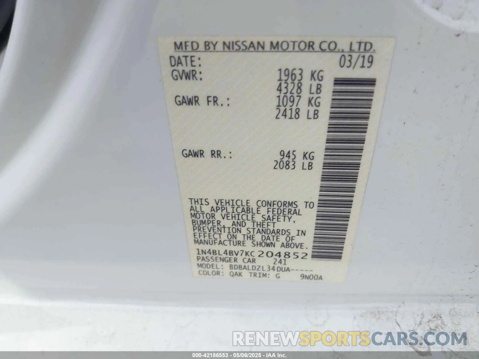 9 Фотография поврежденного автомобиля 1N4BL4BV7KC204852 NISSAN ALTIMA 2019