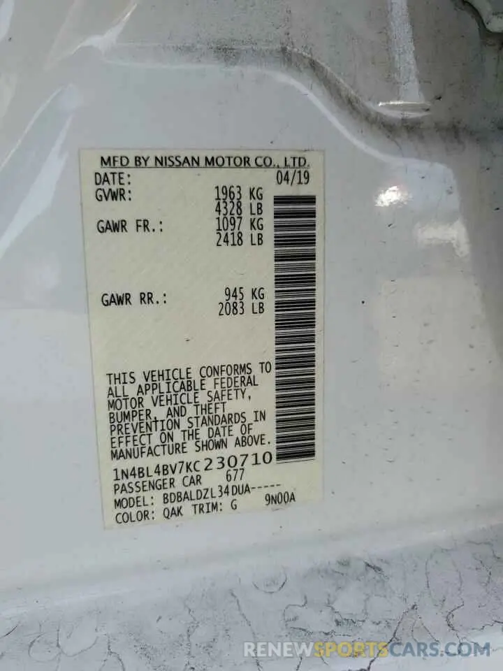 12 Photograph of a damaged car 1N4BL4BV7KC230710 NISSAN ALTIMA 2019