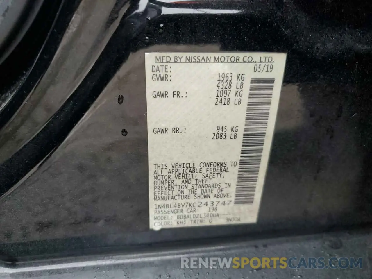 14 Photograph of a damaged car 1N4BL4BV7KC243747 NISSAN ALTIMA 2019