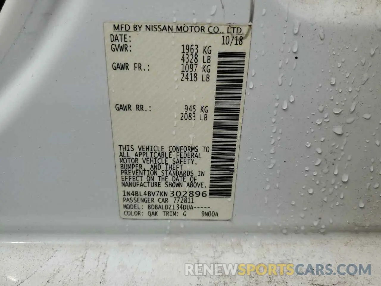 12 Photograph of a damaged car 1N4BL4BV7KN302896 NISSAN ALTIMA 2019