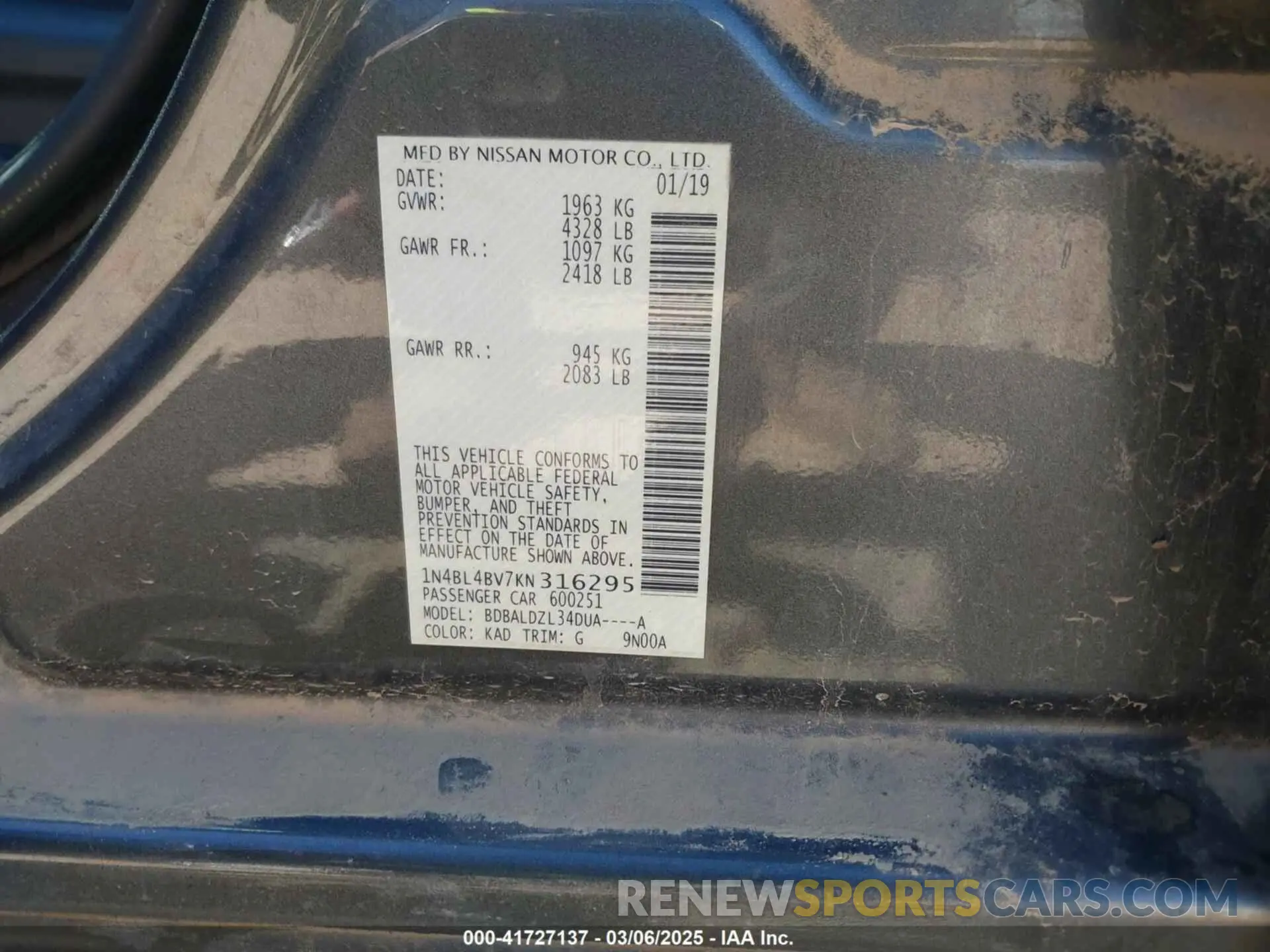 9 Фотография поврежденного автомобиля 1N4BL4BV7KN316295 NISSAN ALTIMA 2019