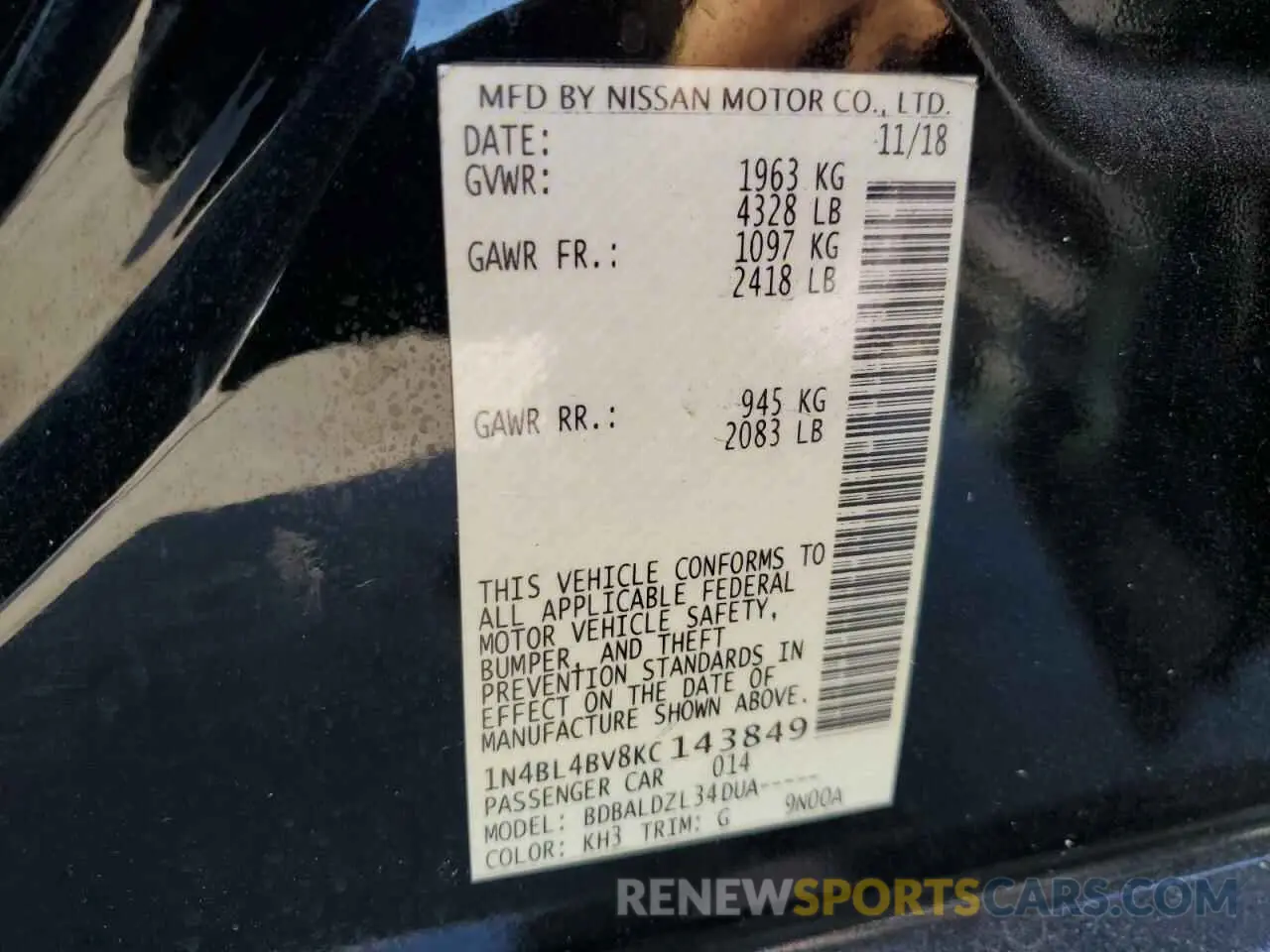 14 Фотография поврежденного автомобиля 1N4BL4BV8KC143849 NISSAN ALTIMA 2019